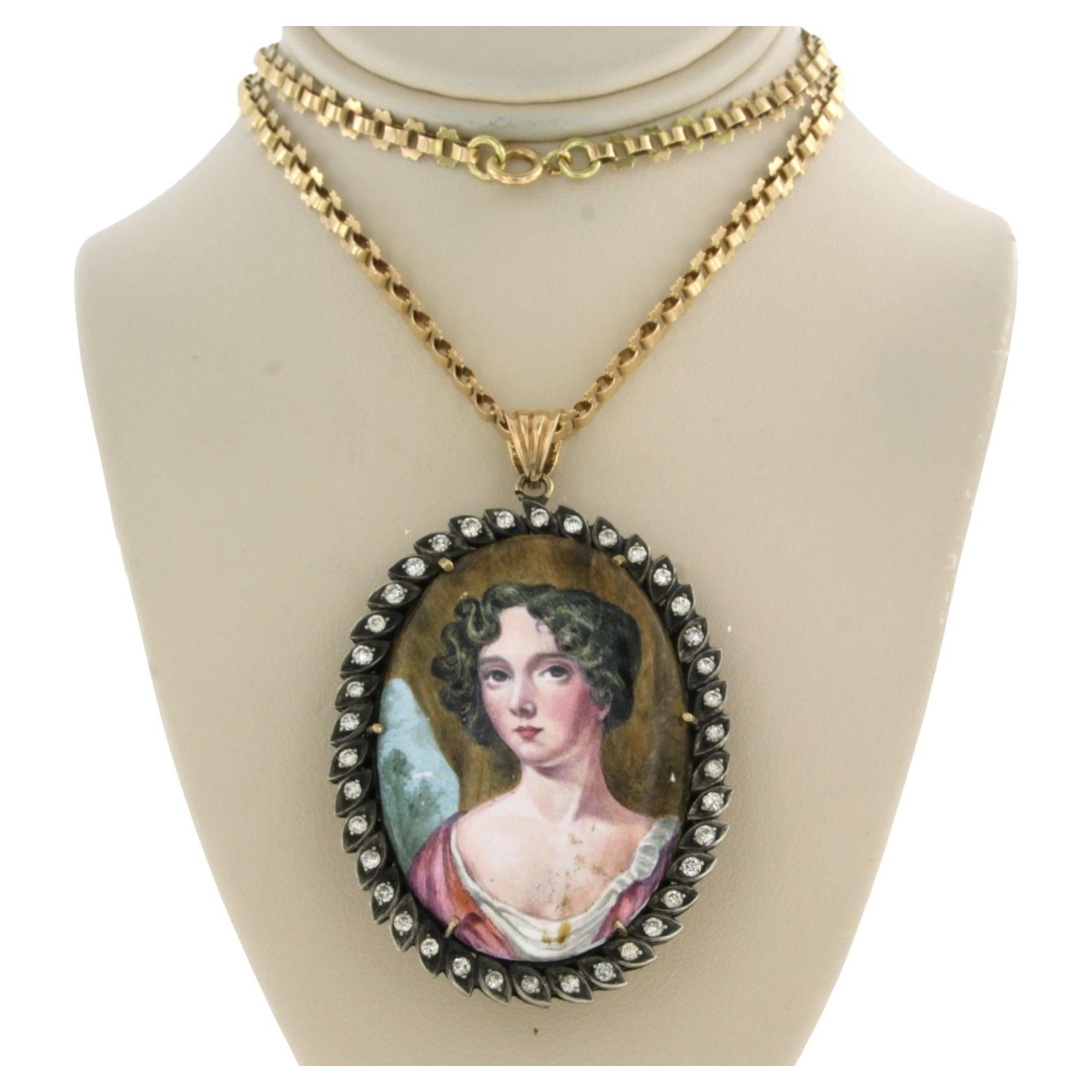 Necklace Pendant Portrait 14kt gold with silver For Sale