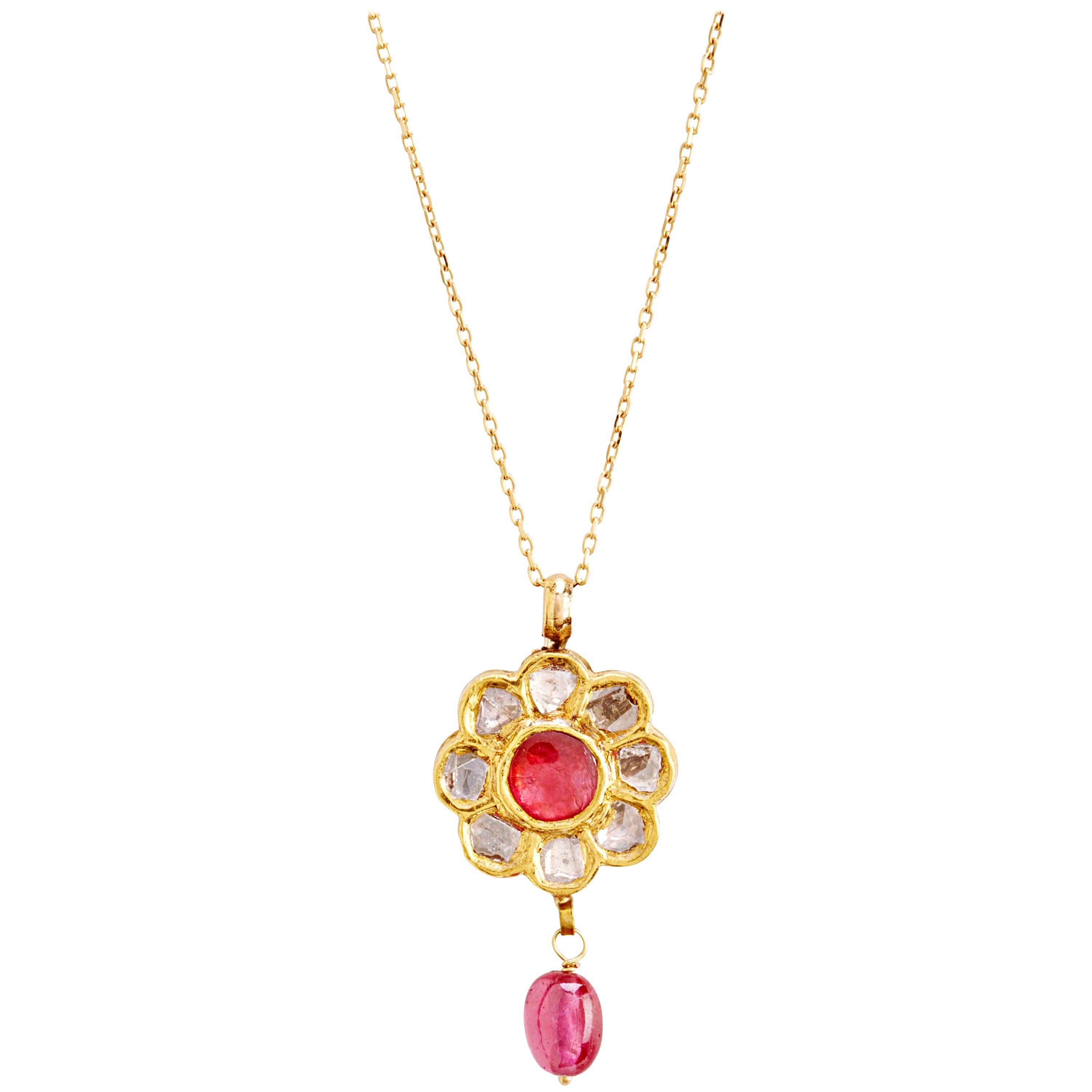 Necklace, Polki Diamonds, Ruby 22, Karat Gold For Sale