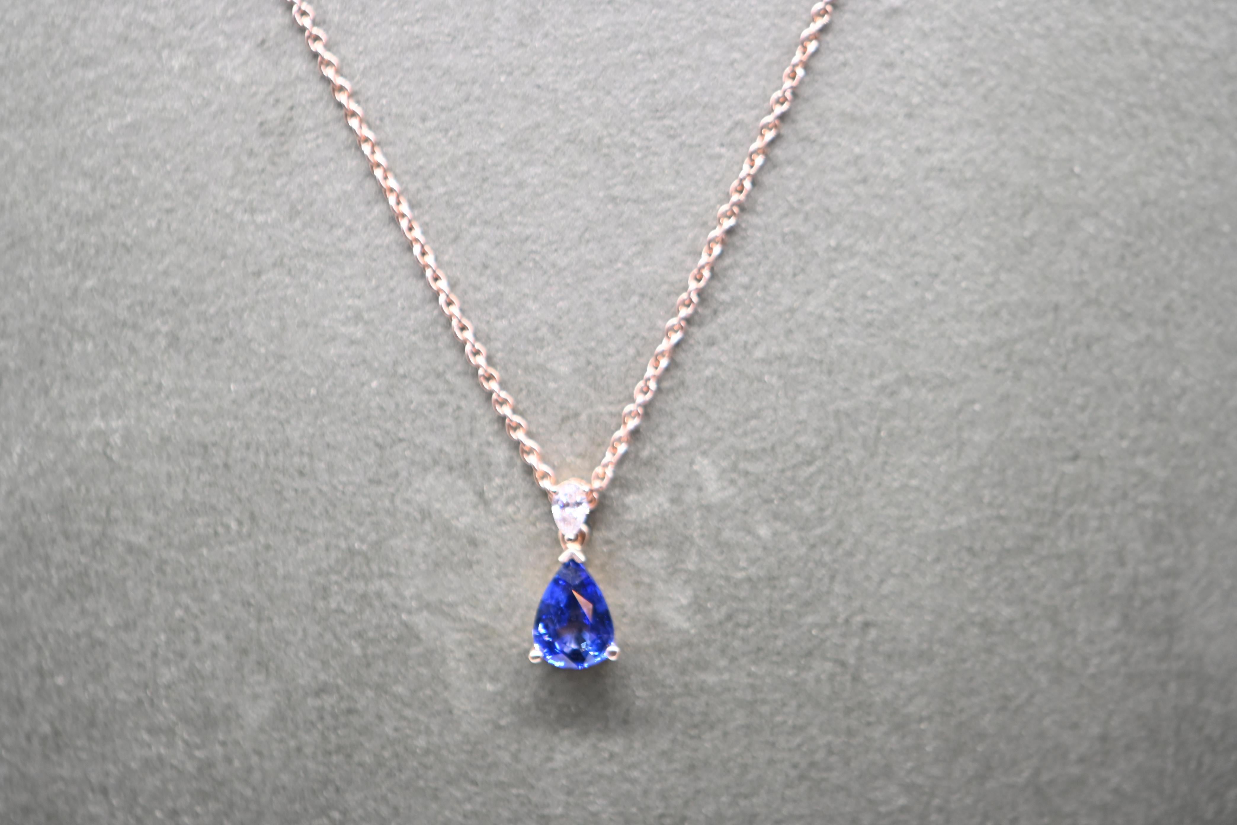Necklace Saphir Vivid Blue, Diamond, Rose Gold 18 Carats For Sale 1
