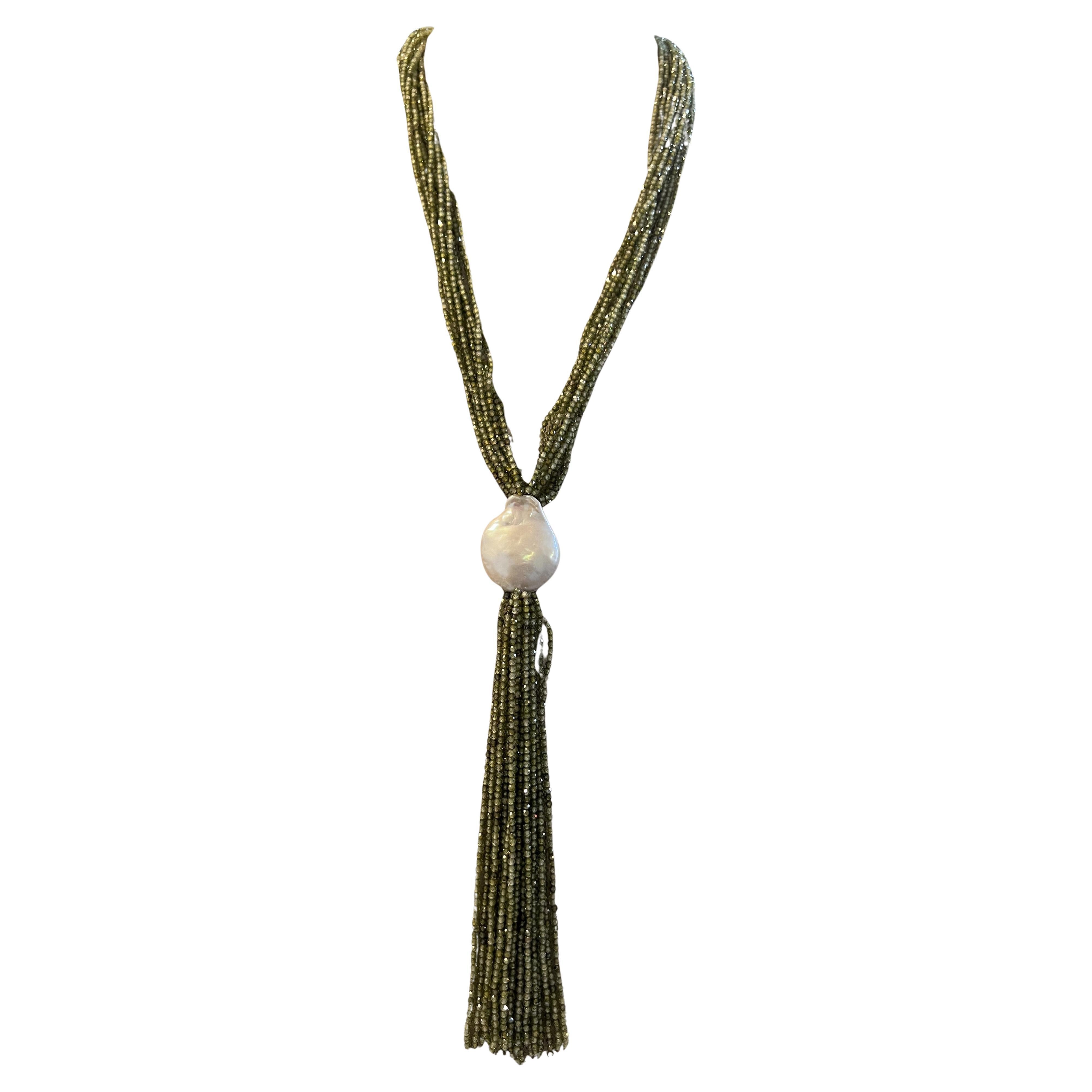 Necklace Sautoir Zirconia Green Pearl Baroque Bakelite
