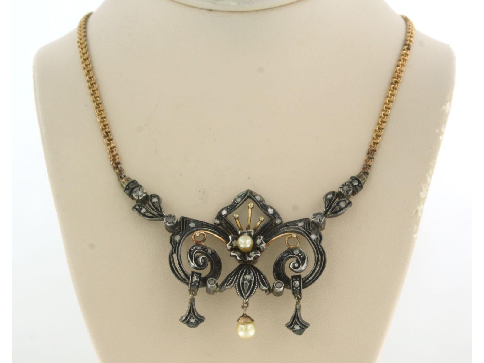 Early Victorian Necklace set with pearl and diamonds 18k yellow gold and silver For Sale