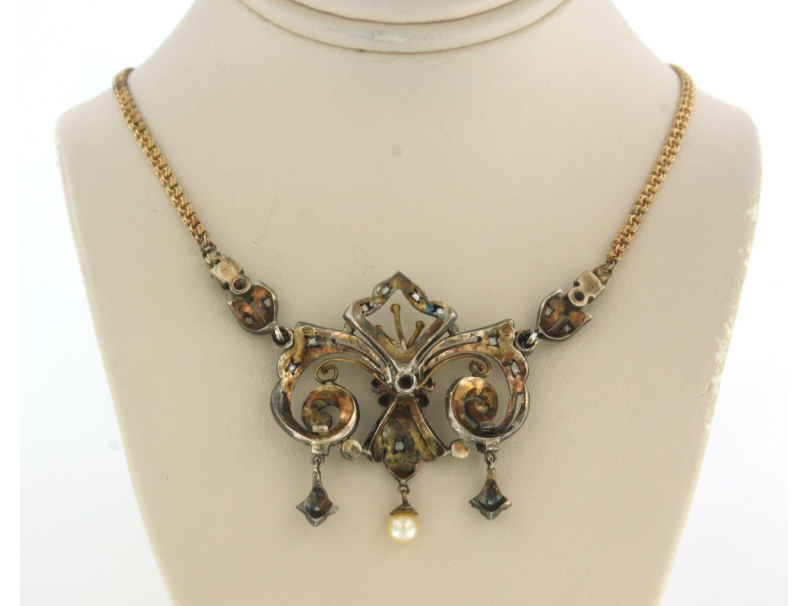 Necklace set with pearl and diamonds 18k yellow gold and silver For Sale 2