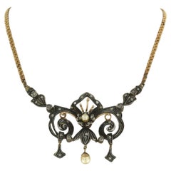 Necklace set with pearl and diamonds 18k yellow gold and silver