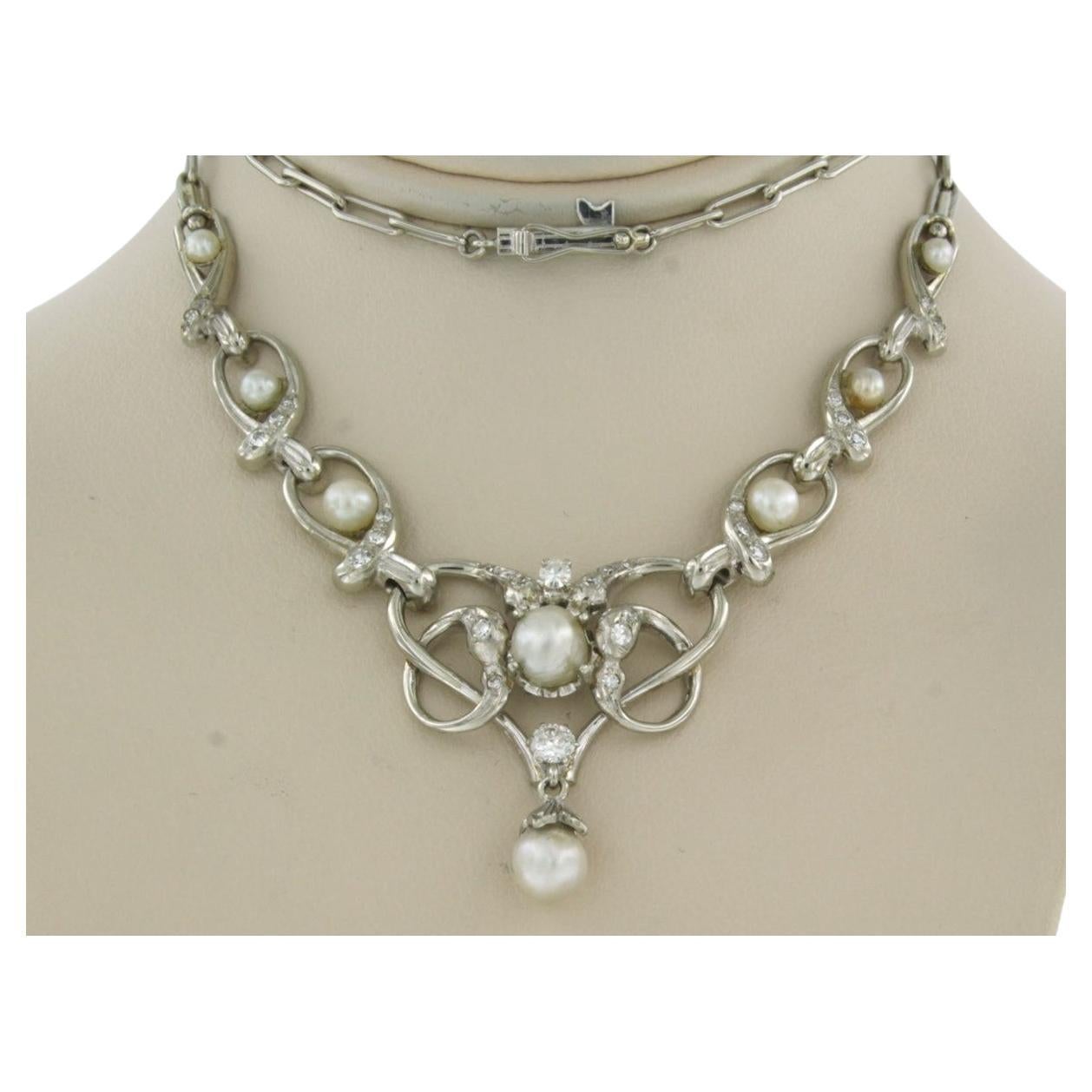 Necklace set with pearls and diamonds 14k white gold