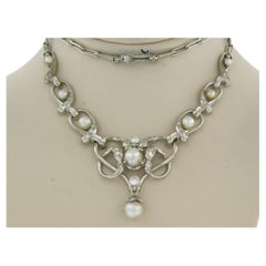 Necklace set with pearls and diamonds 14k white gold