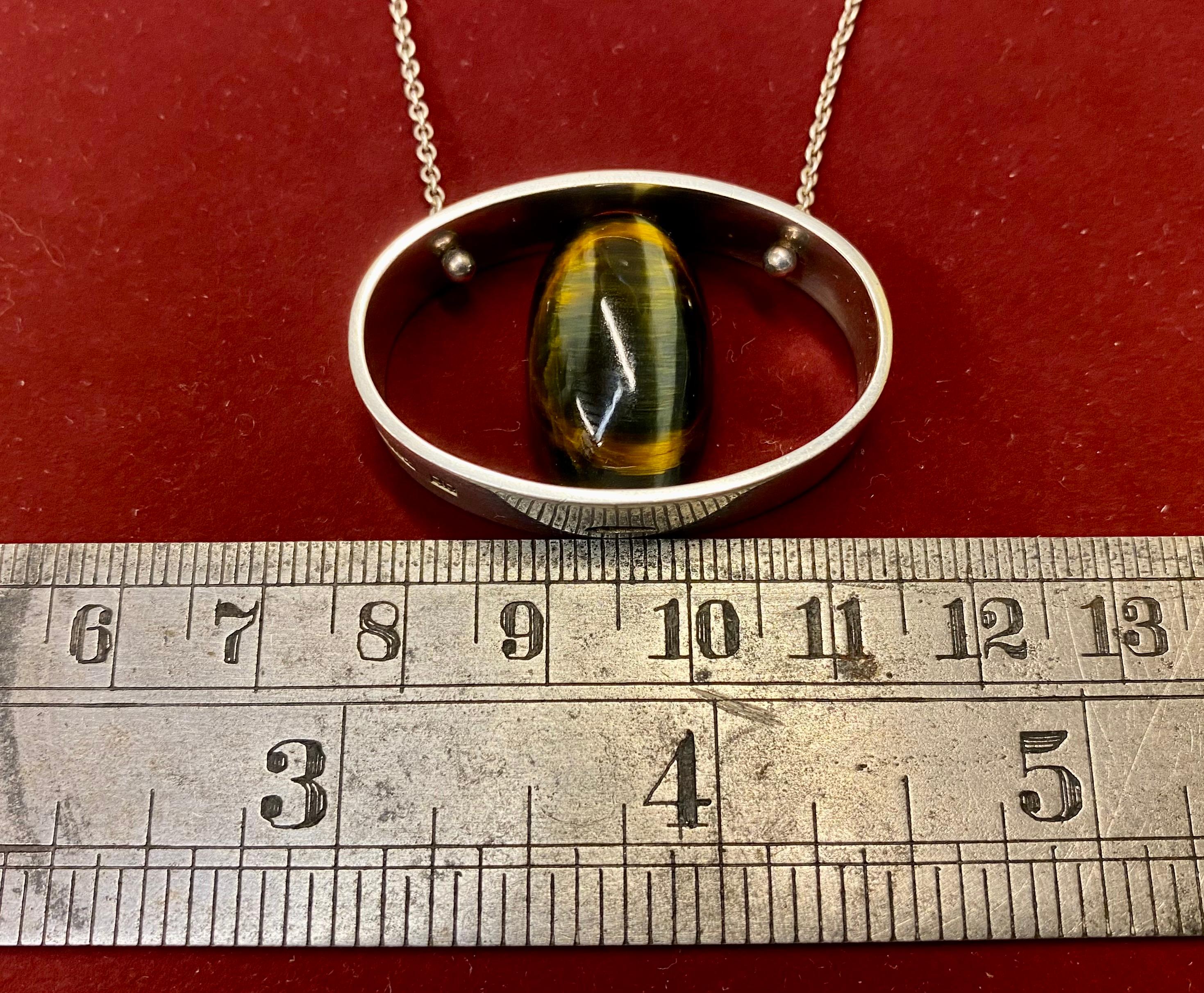 Modernist Necklace, Silver and Tiger's eye Stone Kaunis Koru Oy Finland For Sale
