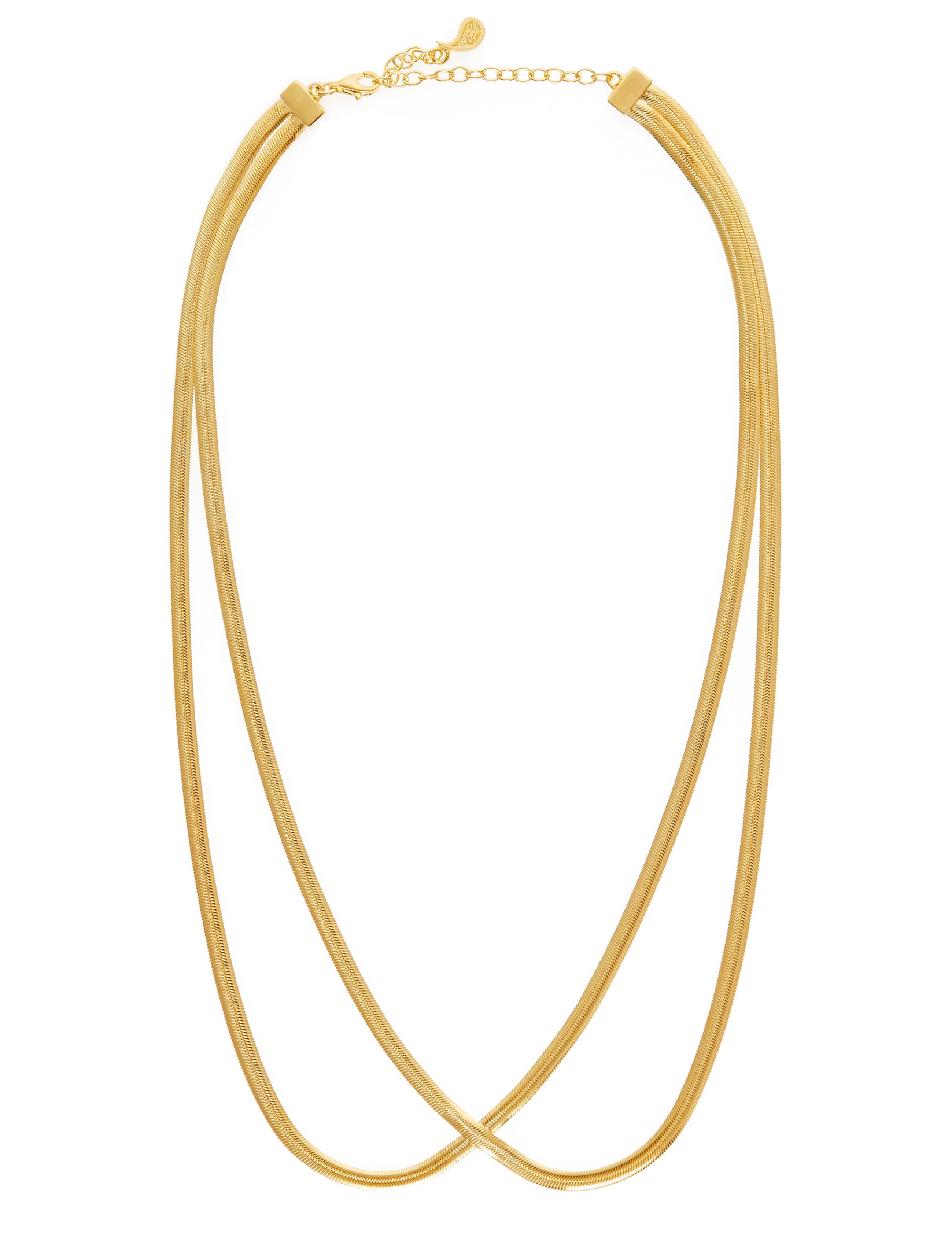 NATARAJ NECKLACE 

A statement piece that melts on your collar bones and follows the shapes and curves of your decolletage. The Nataraj consists of two yellow gold flat snake chains that connect in a single point of the front of the necklace and
