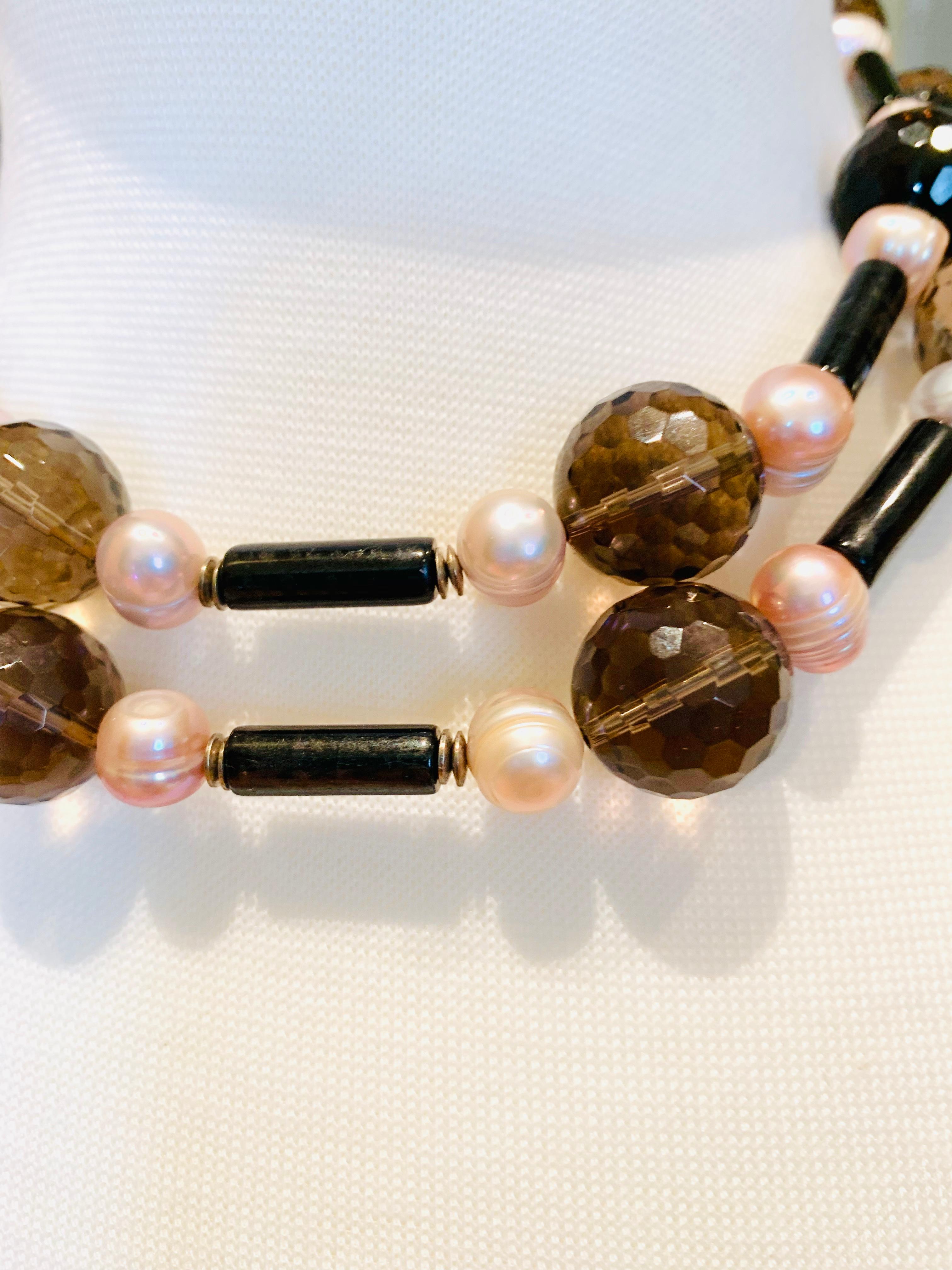 Bead Necklace Smoky Quartz Pink Pearl Hypersthene Silver For Sale