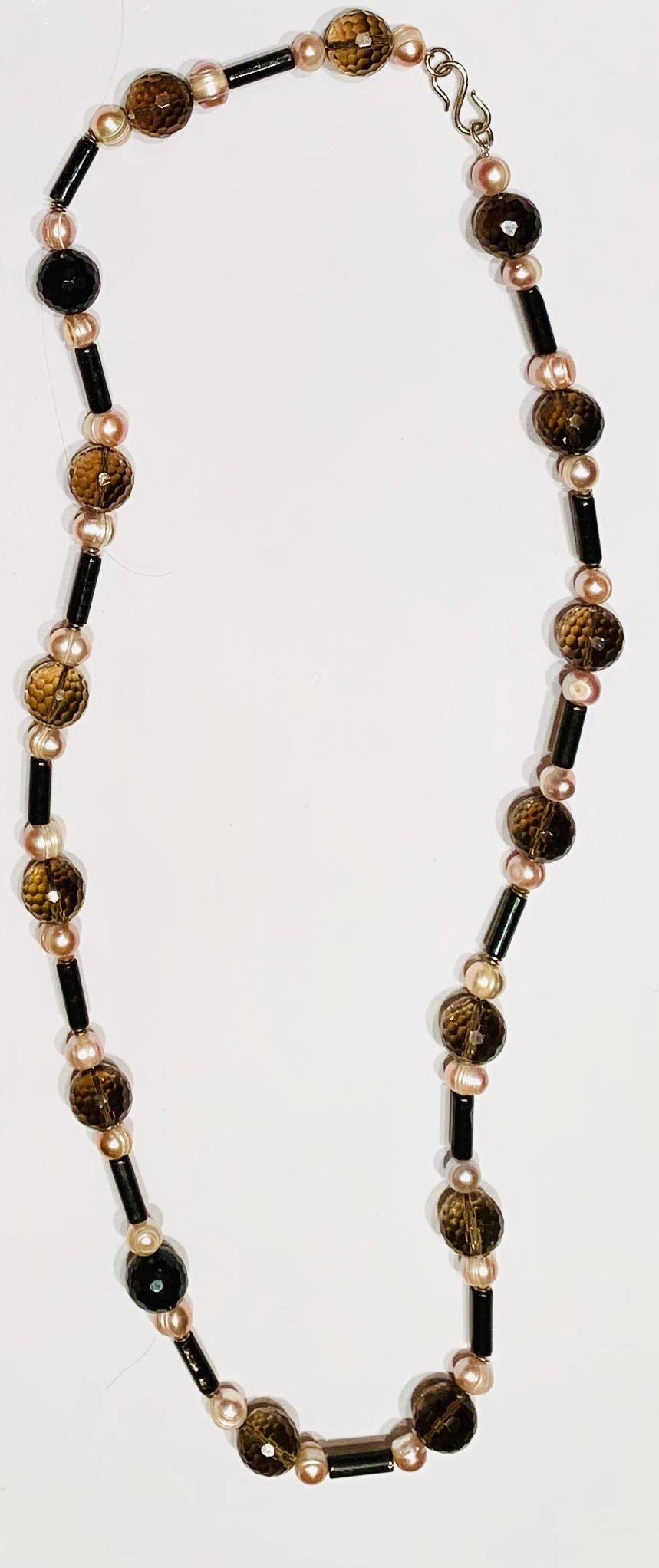 Necklace Smoky Quartz Pink Pearl Hypersthene Silver In New Condition For Sale In New York, NY