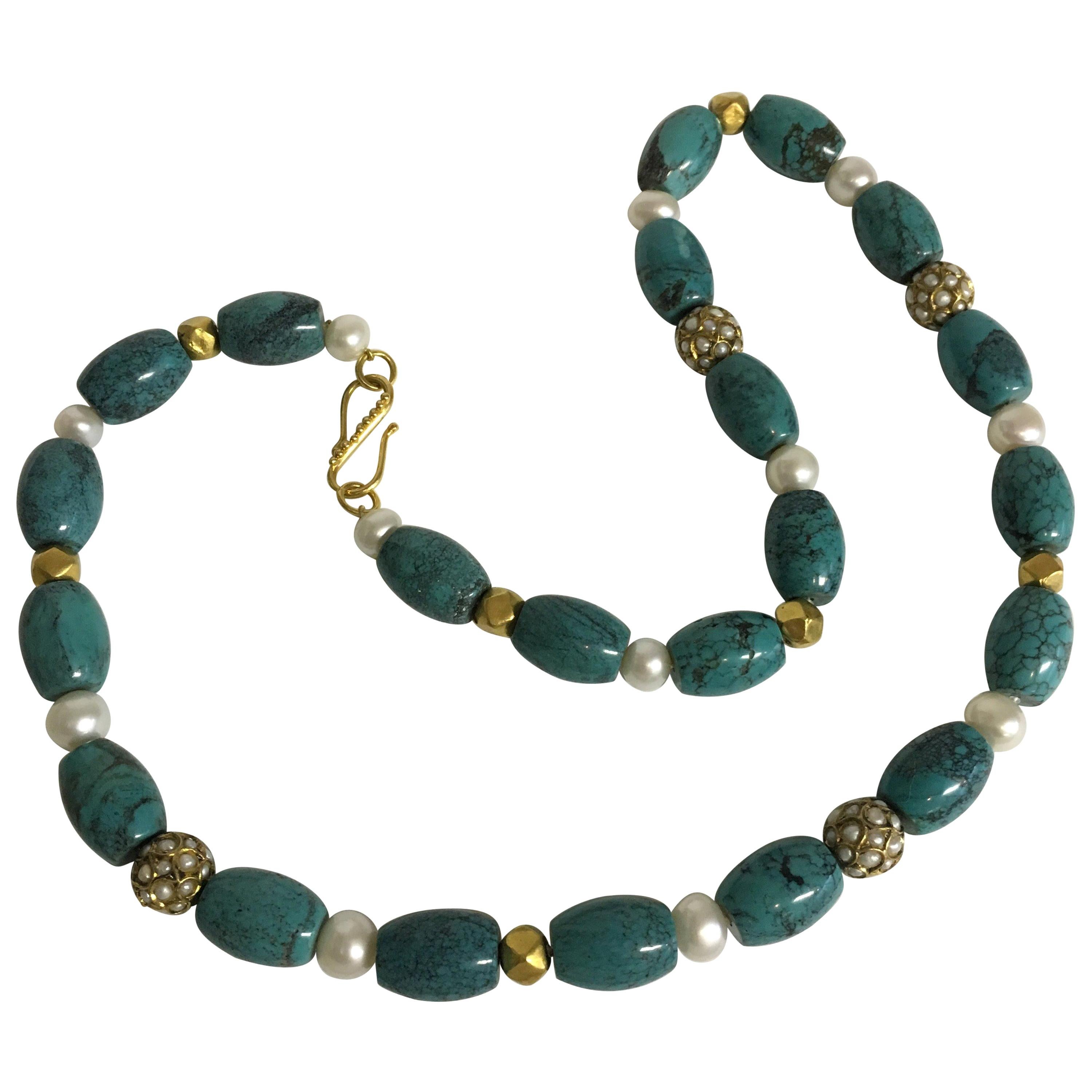 Necklace Tibetan Turquoise, Freshwater Pearls Seed Pearl and 18 Karat Gold Beads