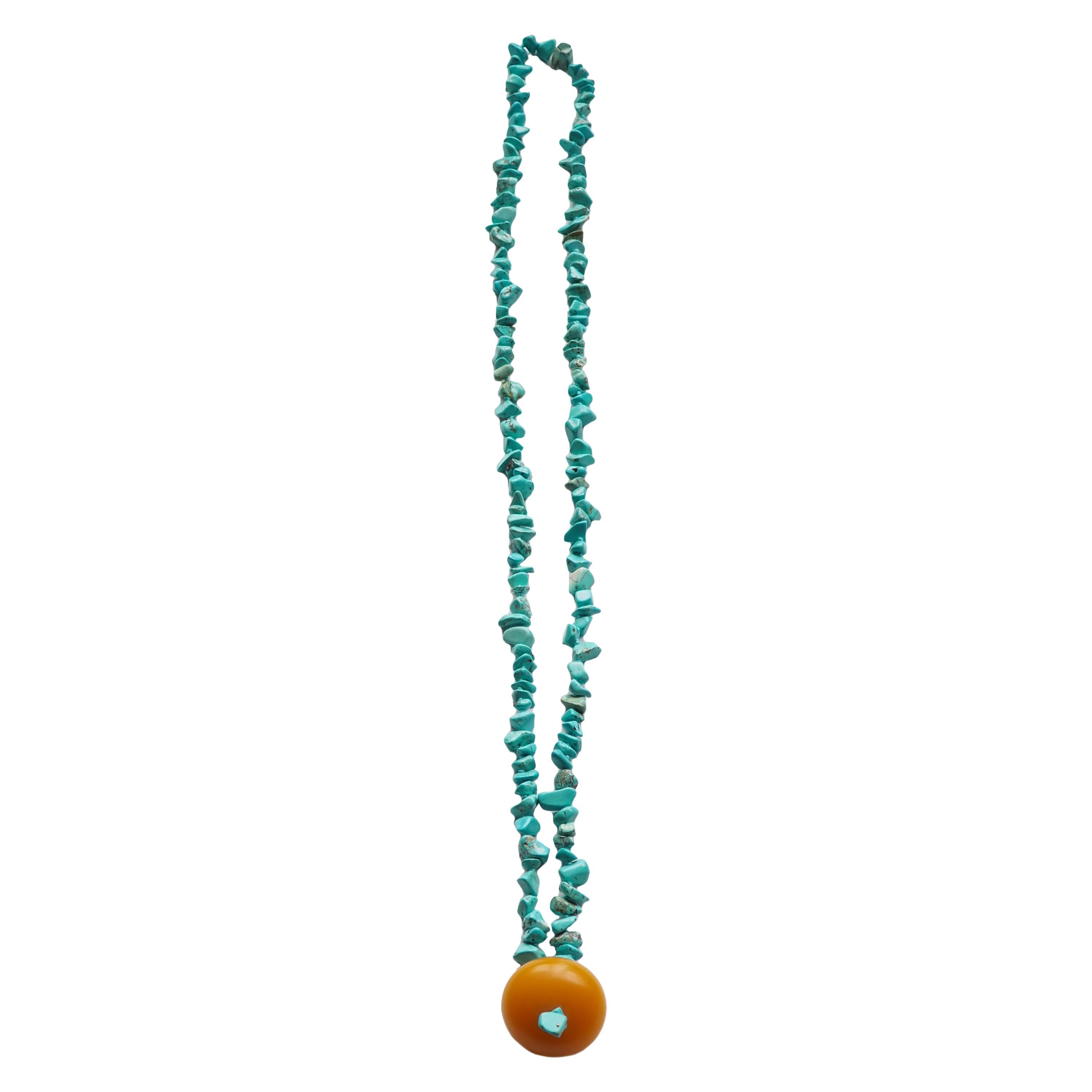 Necklace Turquoise Amber 18 Karat Gold For Sale