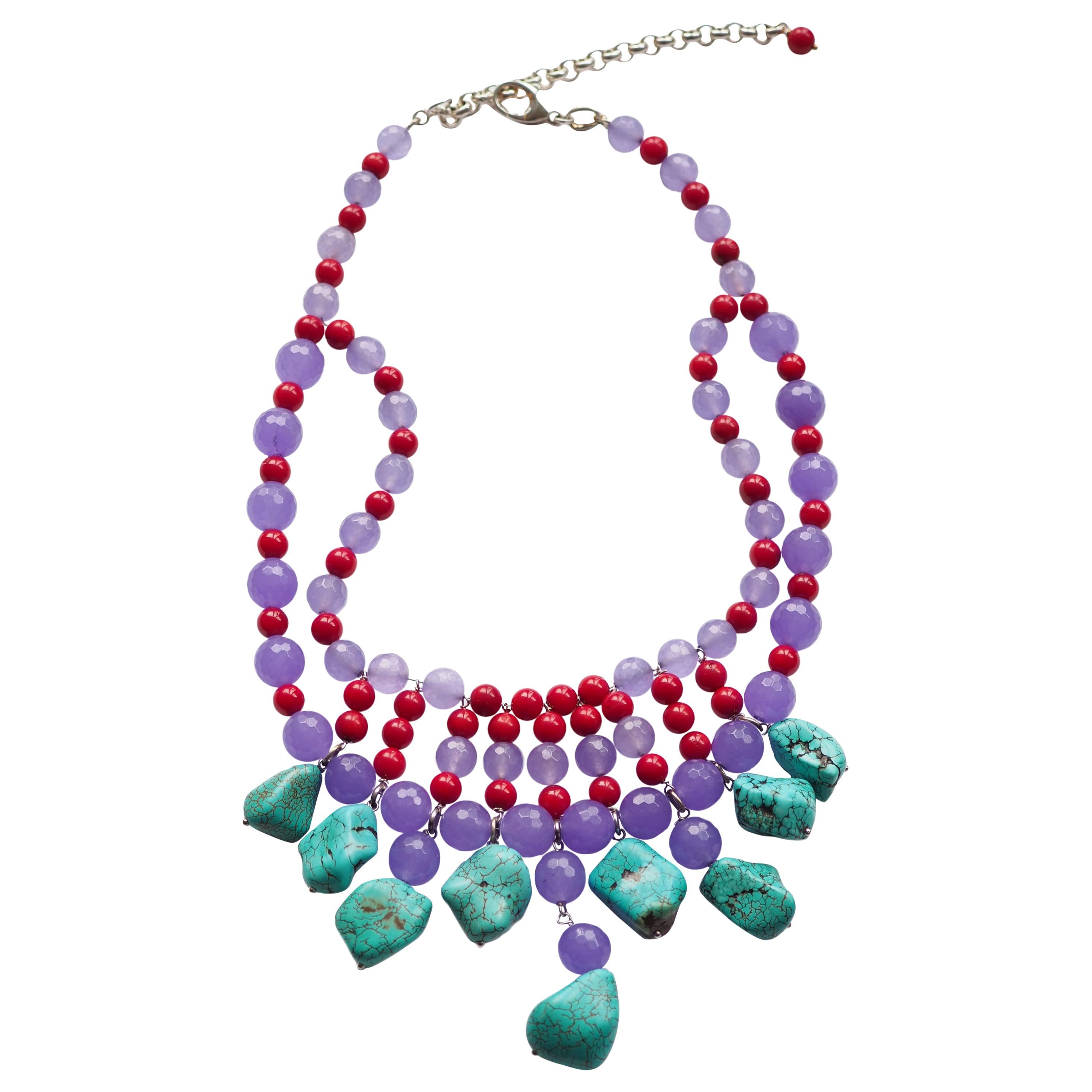 Collier en argent avec turquoise, corail, lave et jade