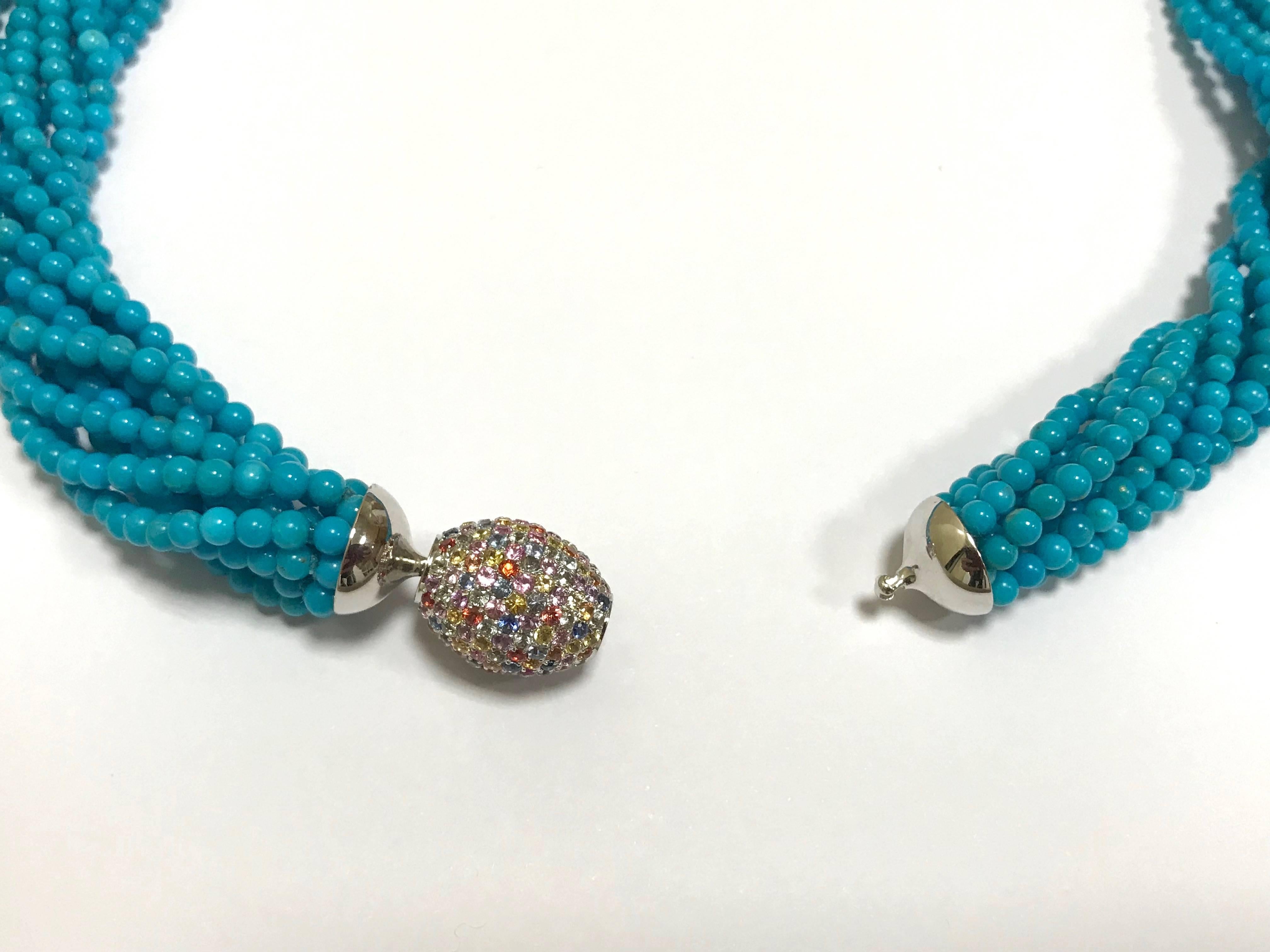 Brilliant Cut Necklace Turquoises Fancy Sapphires Clasp Multi-Strand White Gold 18 Karat For Sale