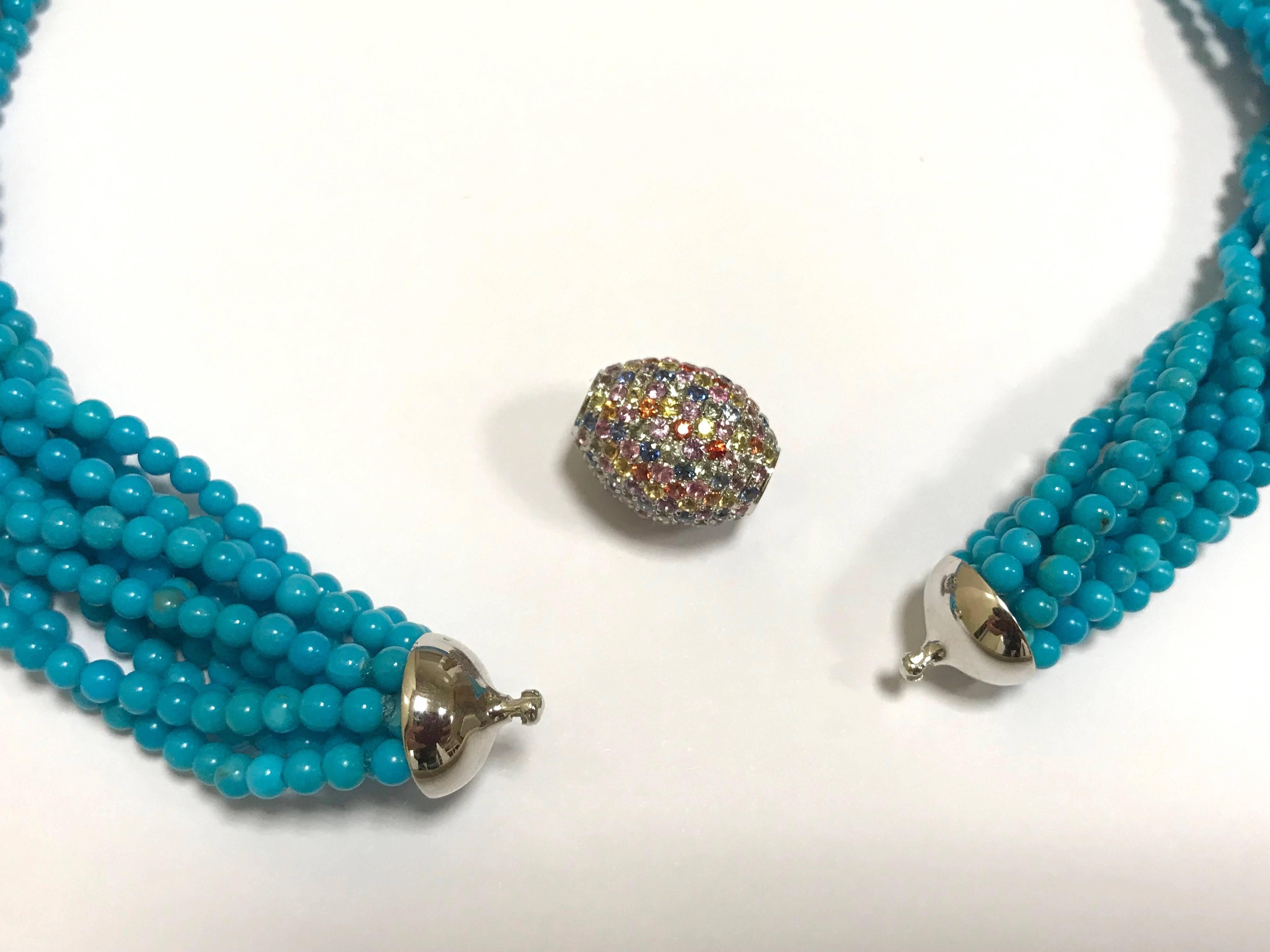 Necklace Turquoises Fancy Sapphires Clasp Multi-Strand White Gold 18 Karat In New Condition For Sale In Vannes, FR
