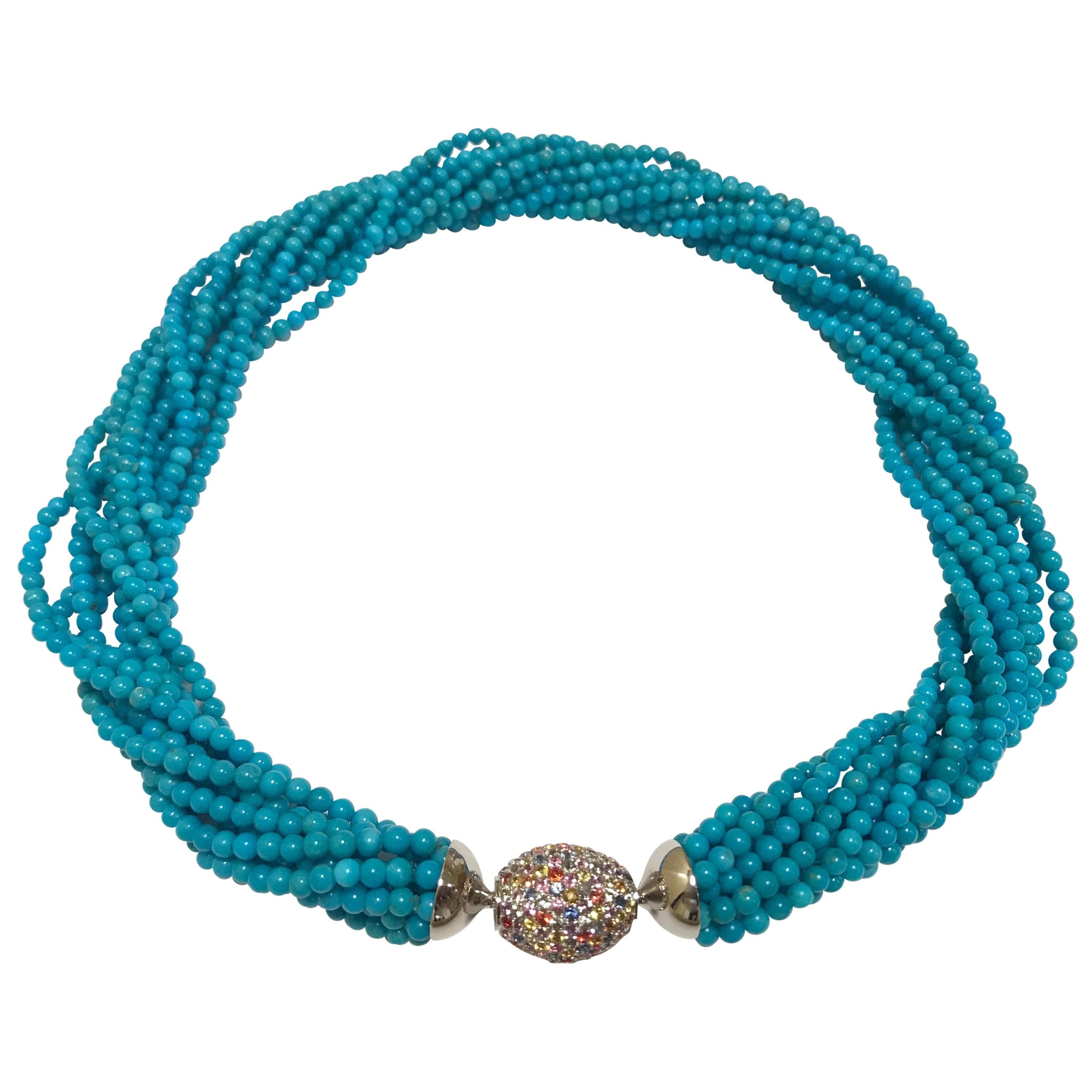 Necklace Turquoises Fancy Sapphires Clasp Multi-Strand White Gold 18 Karat For Sale
