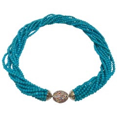 Necklace Turquoises Fancy Sapphires Clasp Multi-Strand White Gold 18 Karat
