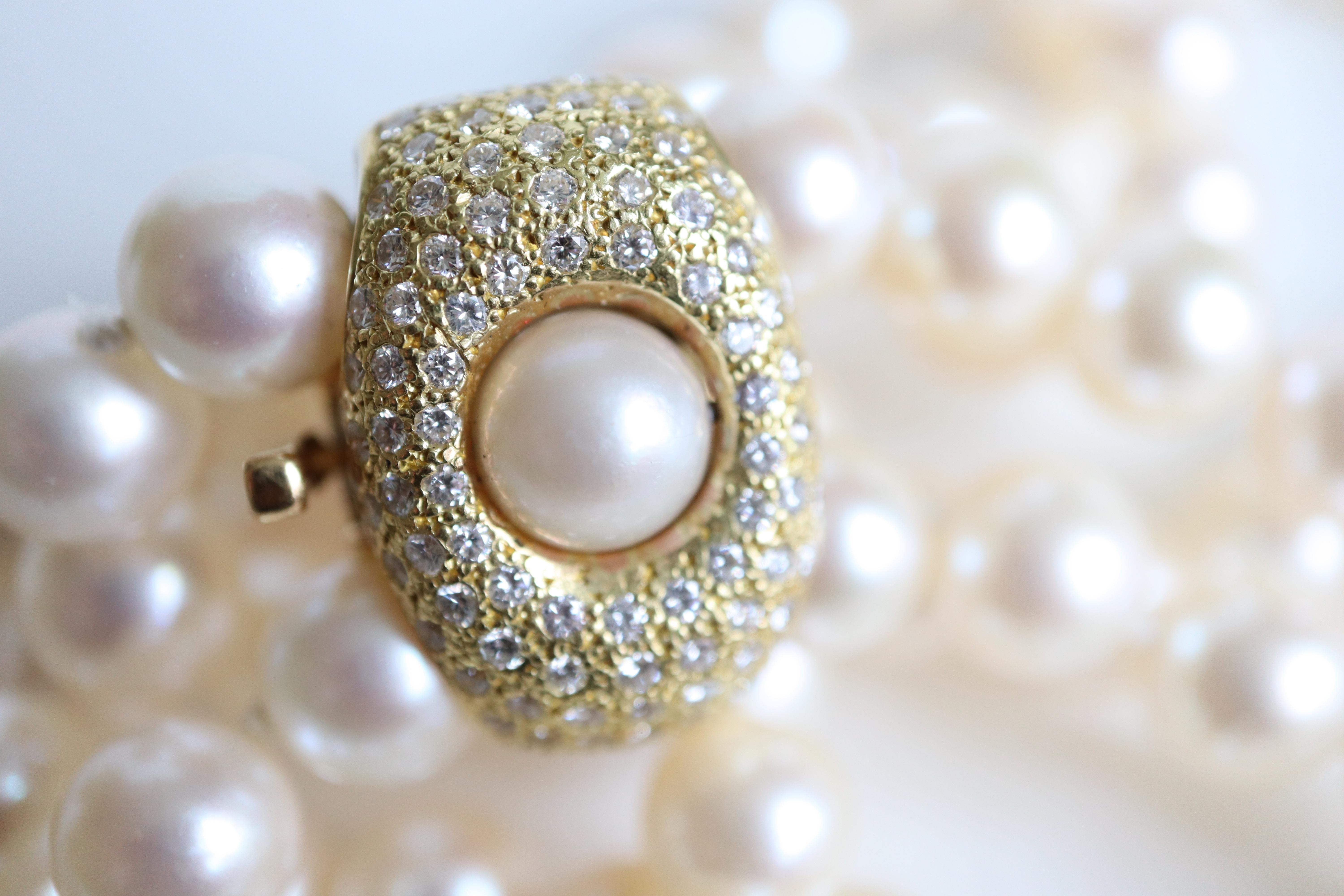 Halskette mit zwei Perlenreihen und Verschluss aus 18 Karat Gelbgold im Angebot 4