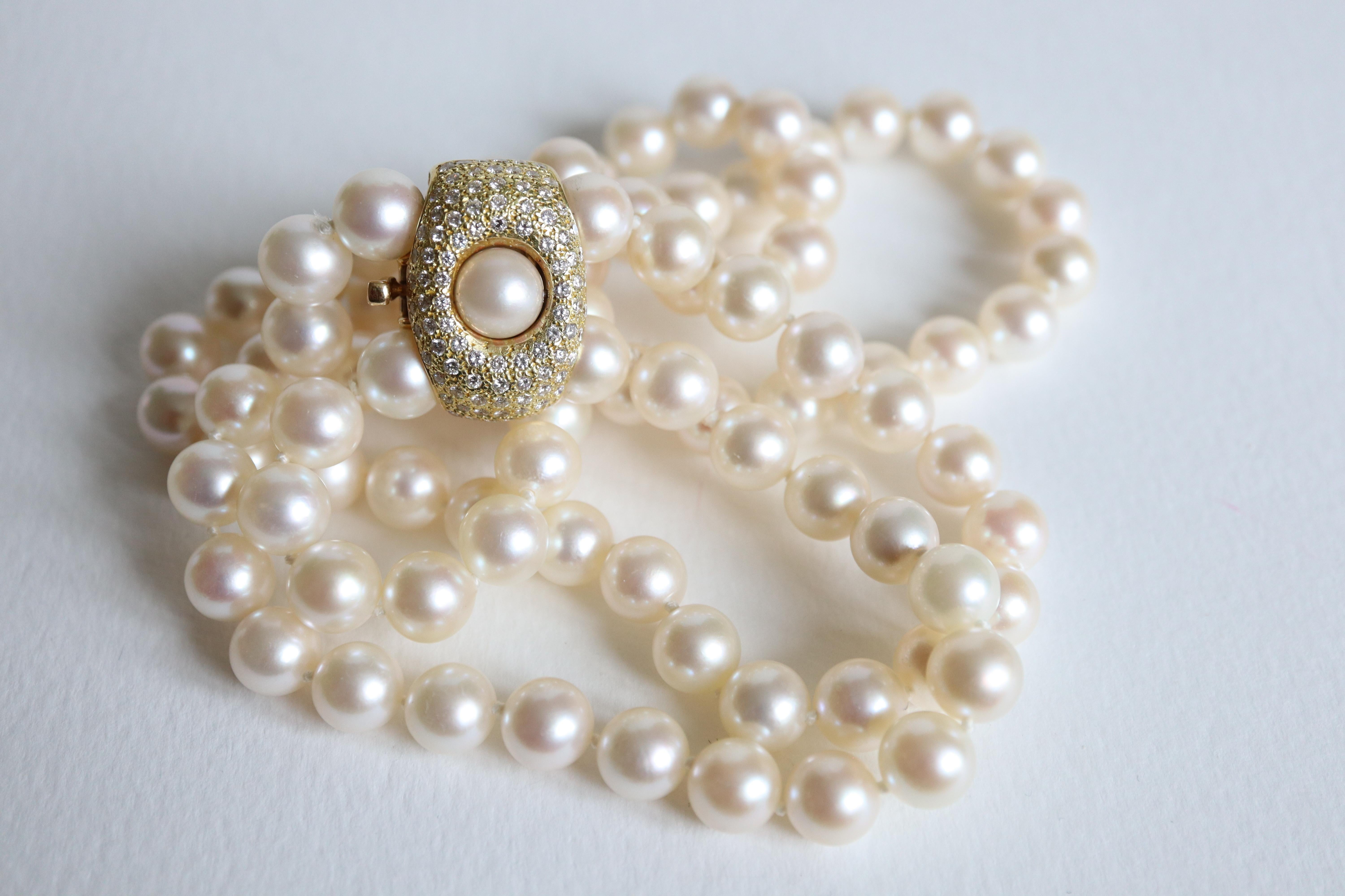 Halskette mit zwei Perlenreihen und Verschluss aus 18 Karat Gelbgold im Angebot 5
