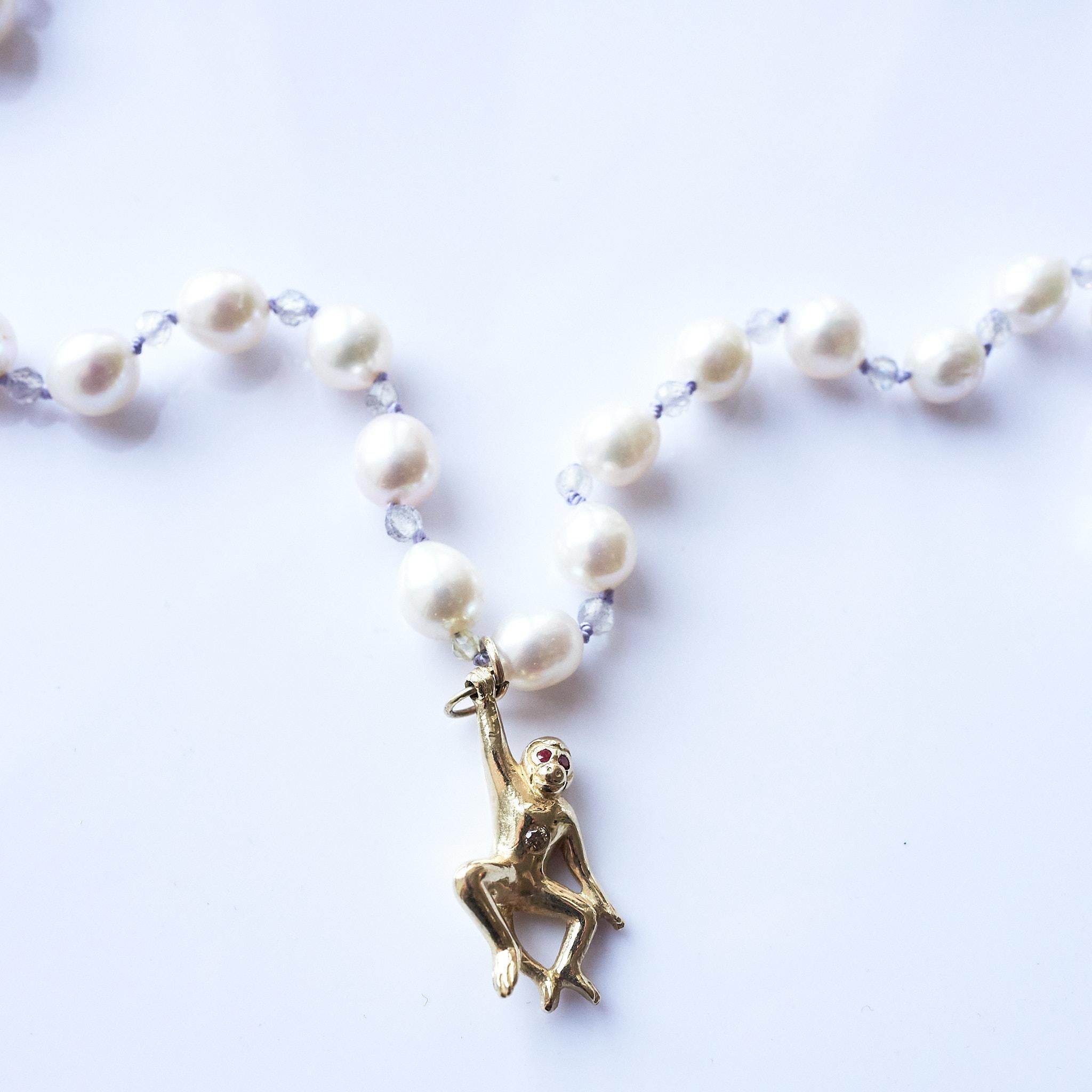 Halskette, weißer Diamant Rubin Gold Affen Weiß Perle Labradorit Seide Perlen 30 im Angebot 4