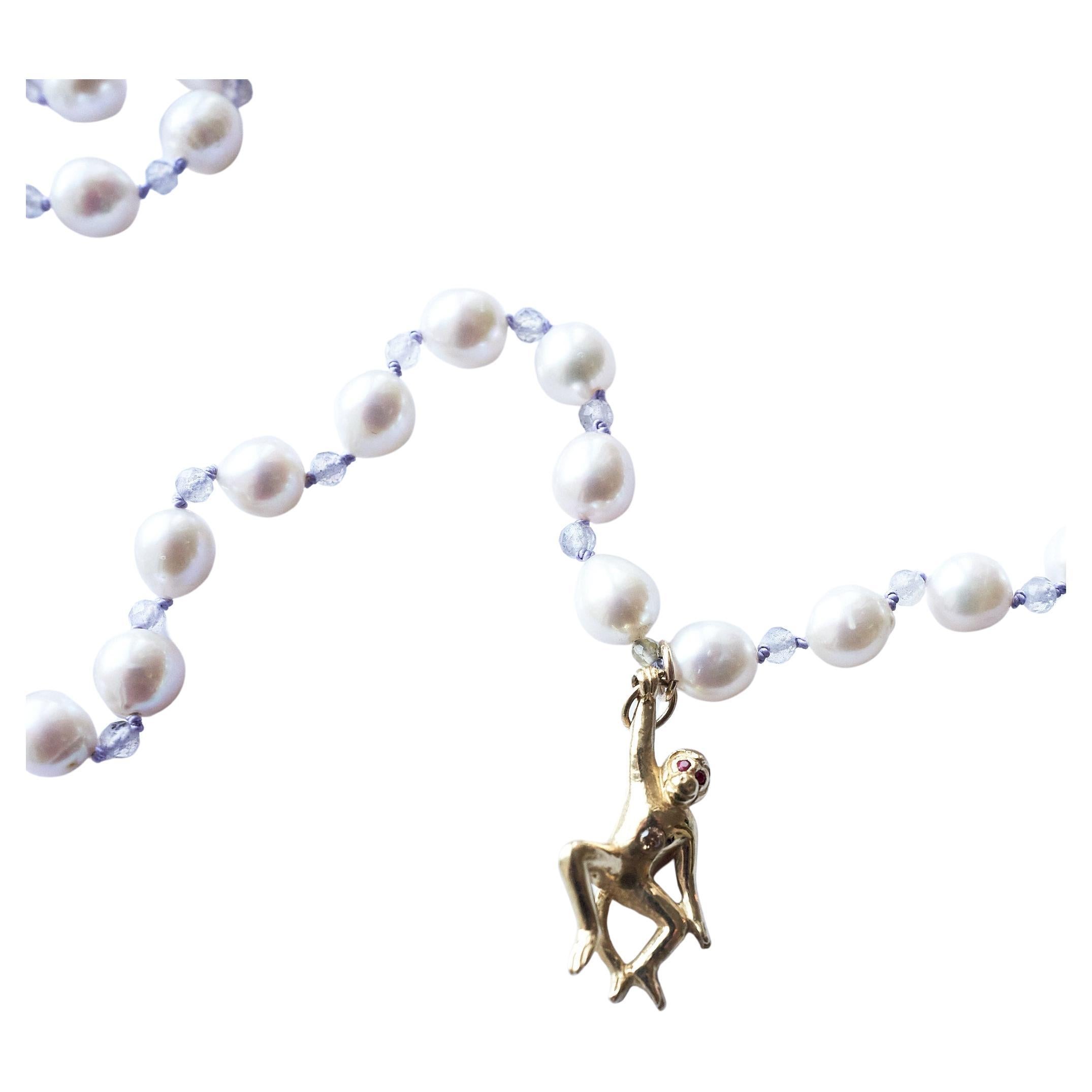 Collar Diamante Blanco Rubí Oro Mono Perla Blanca Labradorita Cuentas de Seda 30