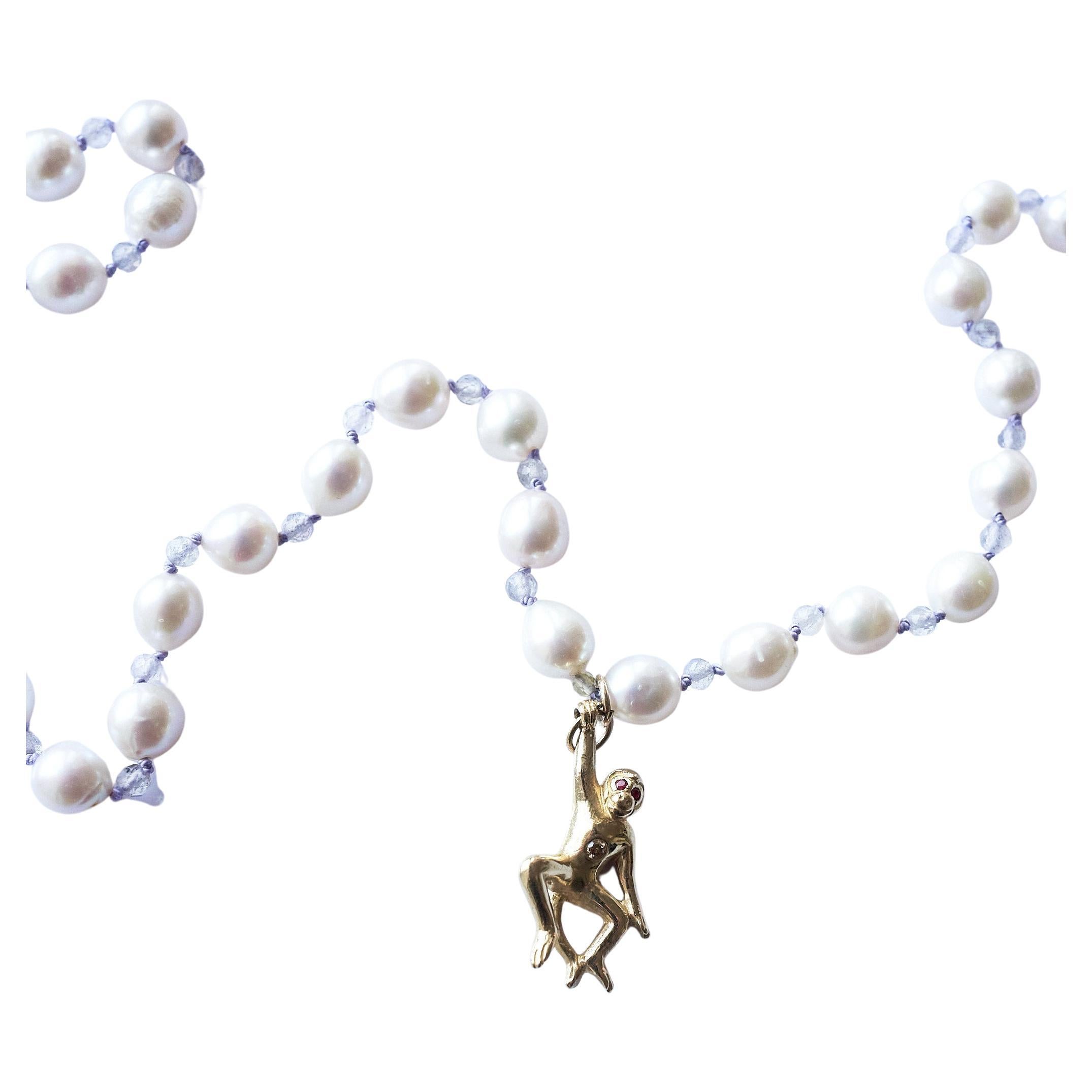 Collar Diamante Blanco Rubí Oro Mono Perla Blanca Labradorita Cuentas de Seda 30 Victoriano en venta