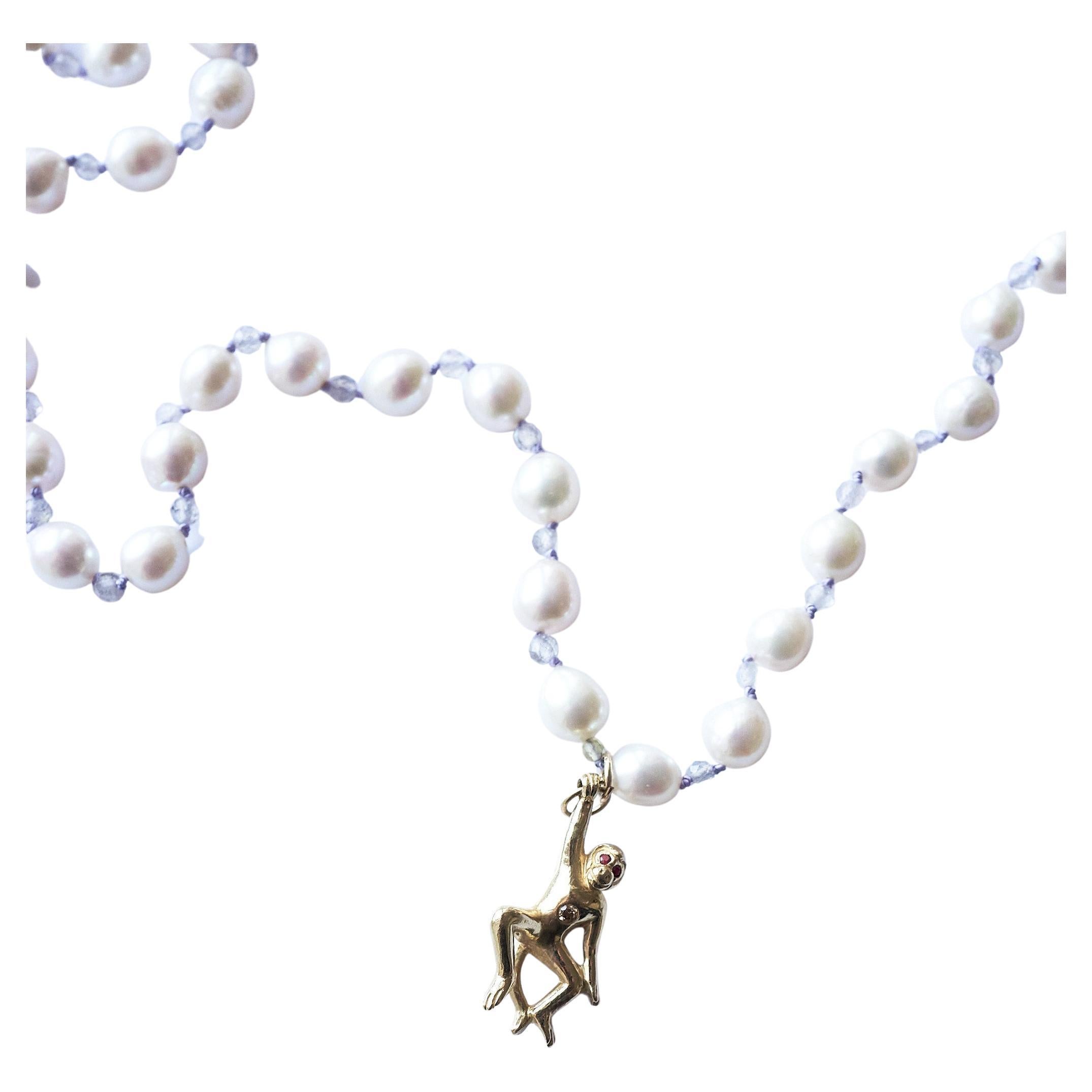 Victorian Necklace White Diamond Ruby Gold Monkey White Pearl Labradorite Silk Beaded For Sale