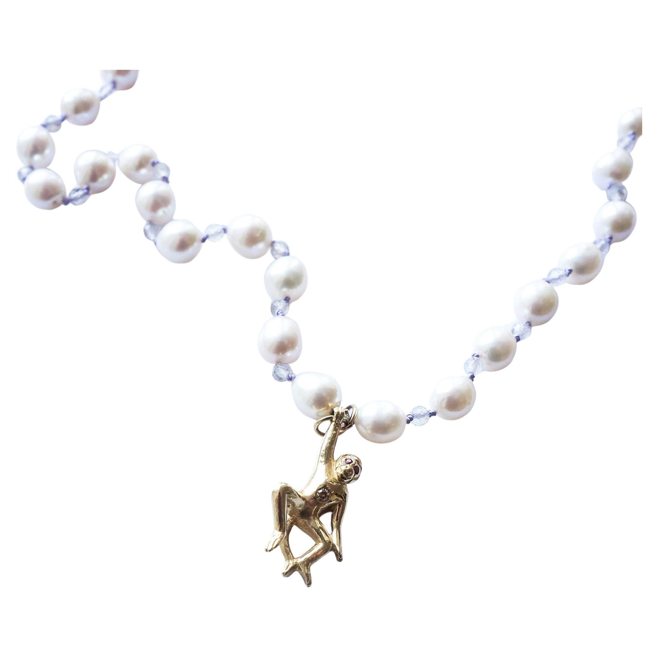 Halskette mit weißem Diamant, Rubin, Gold, Affen, weißer Perle, Labradorit, Seidenperlen im Angebot 1