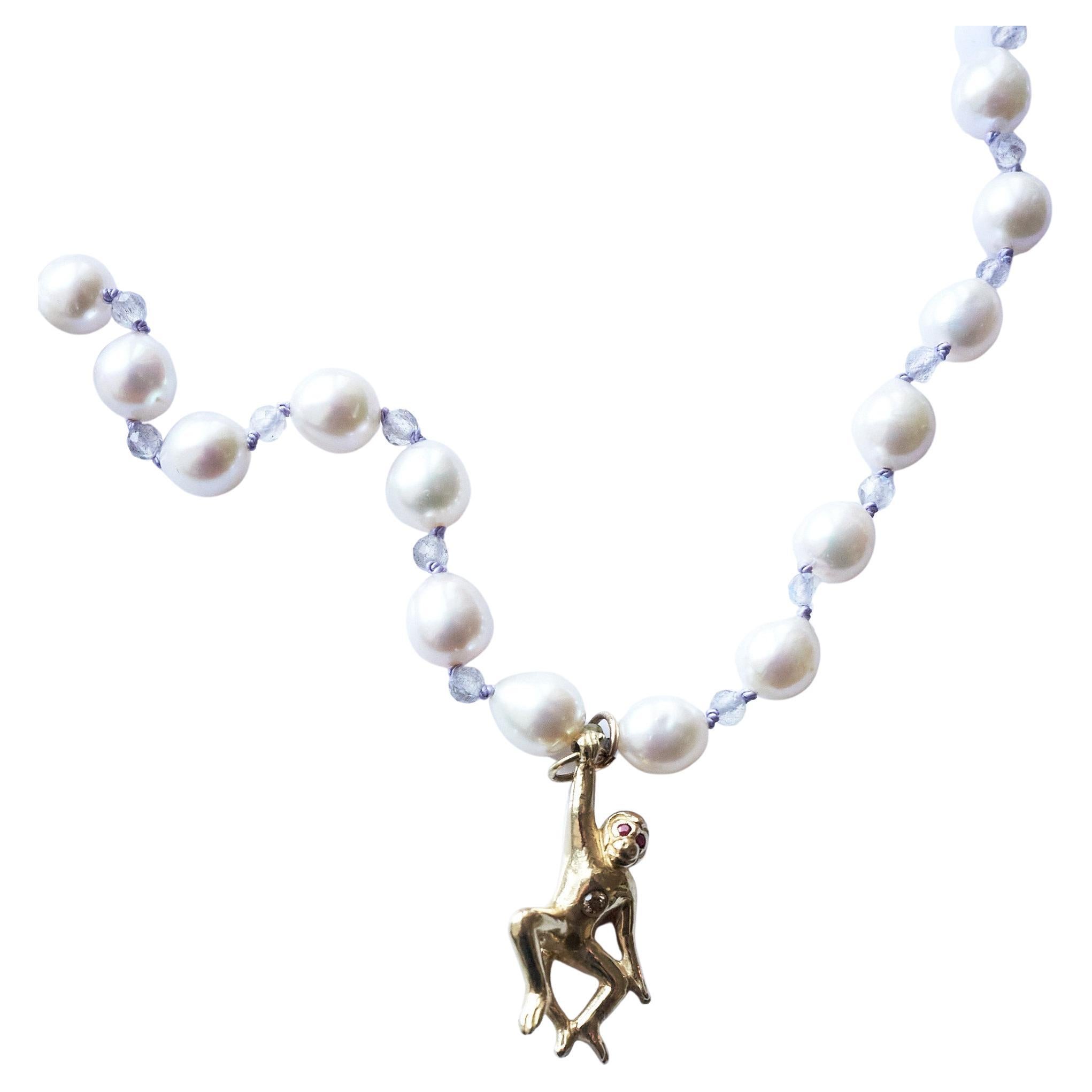 Women's Necklace White Diamond Ruby Gold Monkey White Pearl Labradorite Silk Beaded For Sale