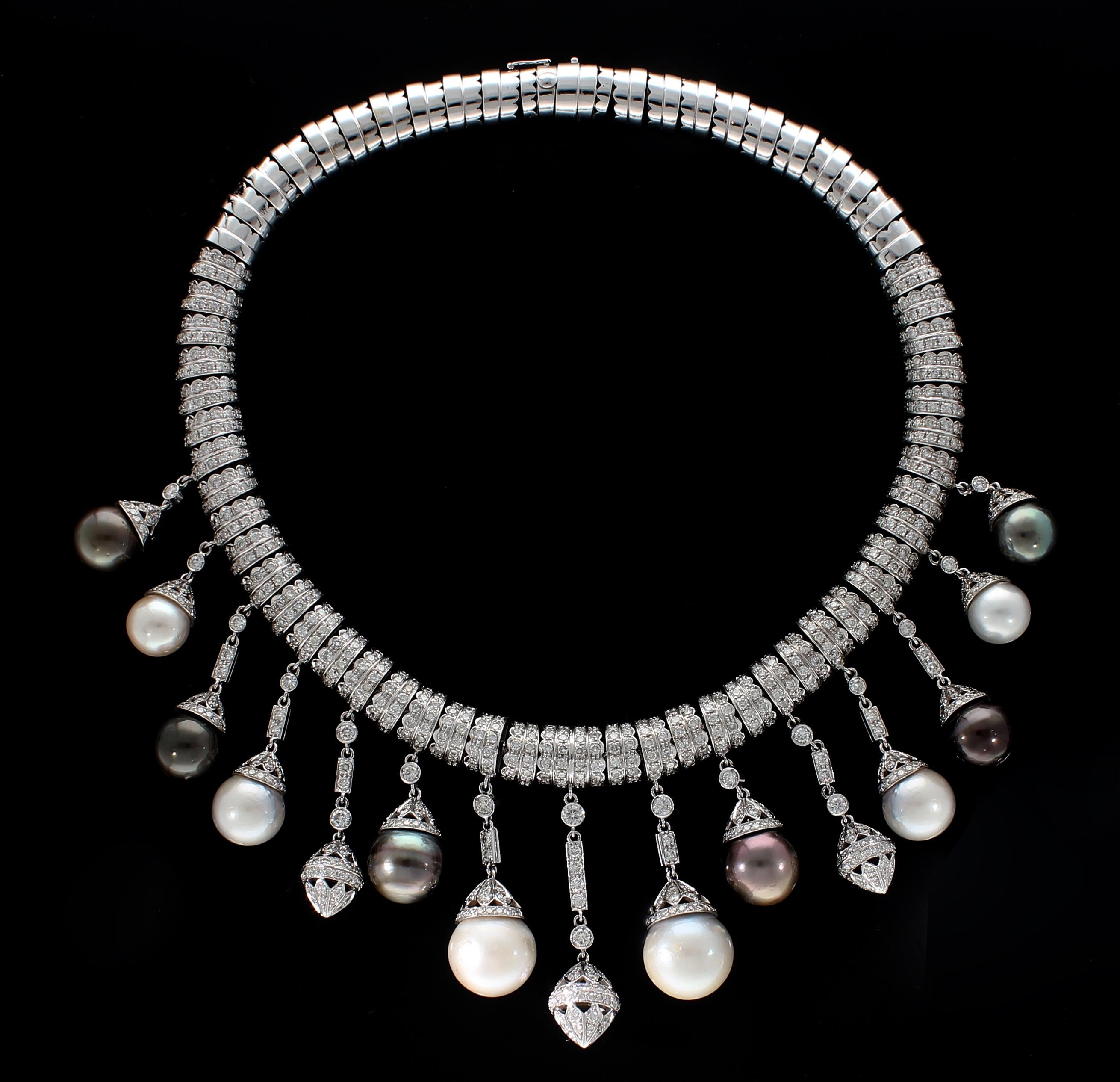 Modern Necklace White Gold and Diamonds, Pendants with White and Black Pearls S.S. For Sale