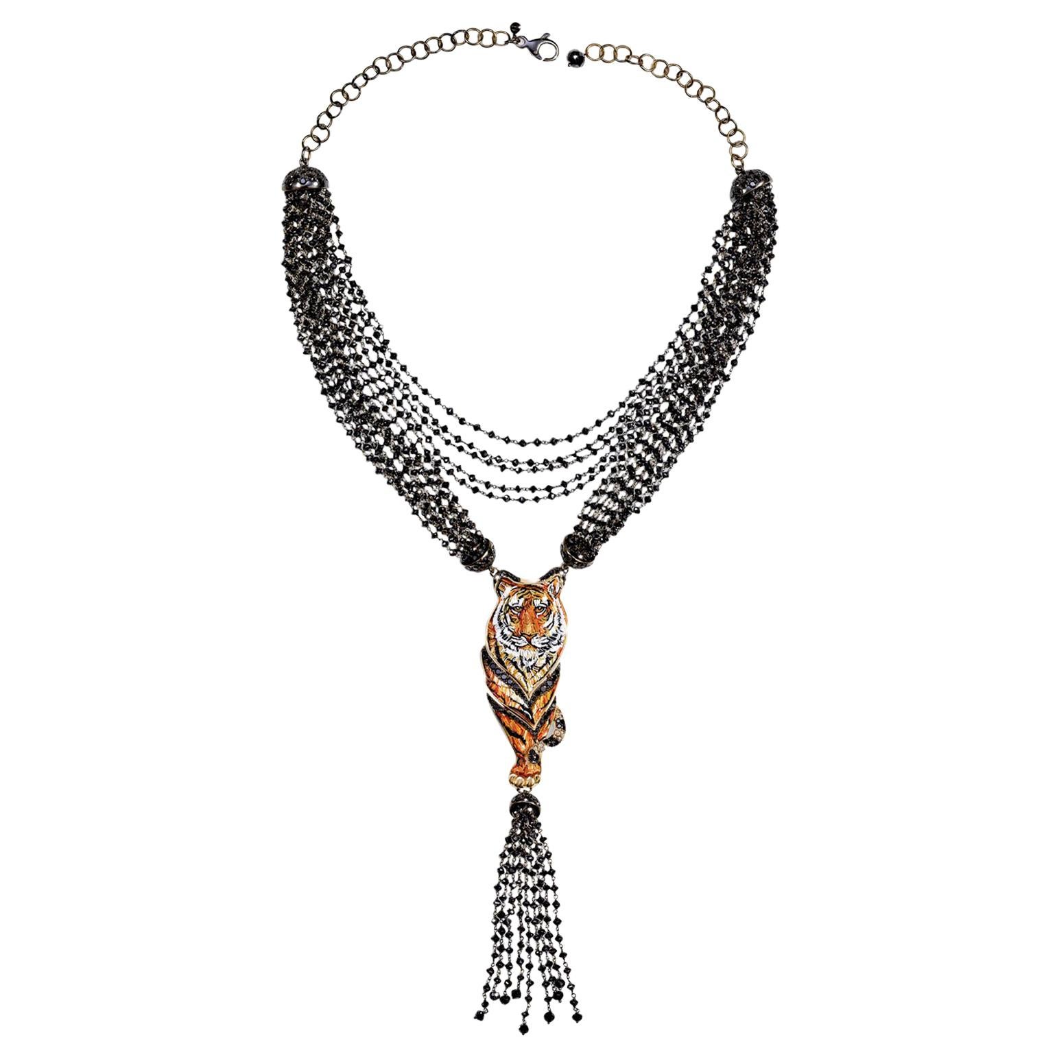 Necklace White Gold Black and Brown Diamonds Hand Decorated with Micro Mosaic
