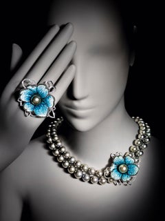 Halskette Weißgold Weiße & Schwarze Diamanten Schwarze Perlen Handdekoriert NanoMosaik