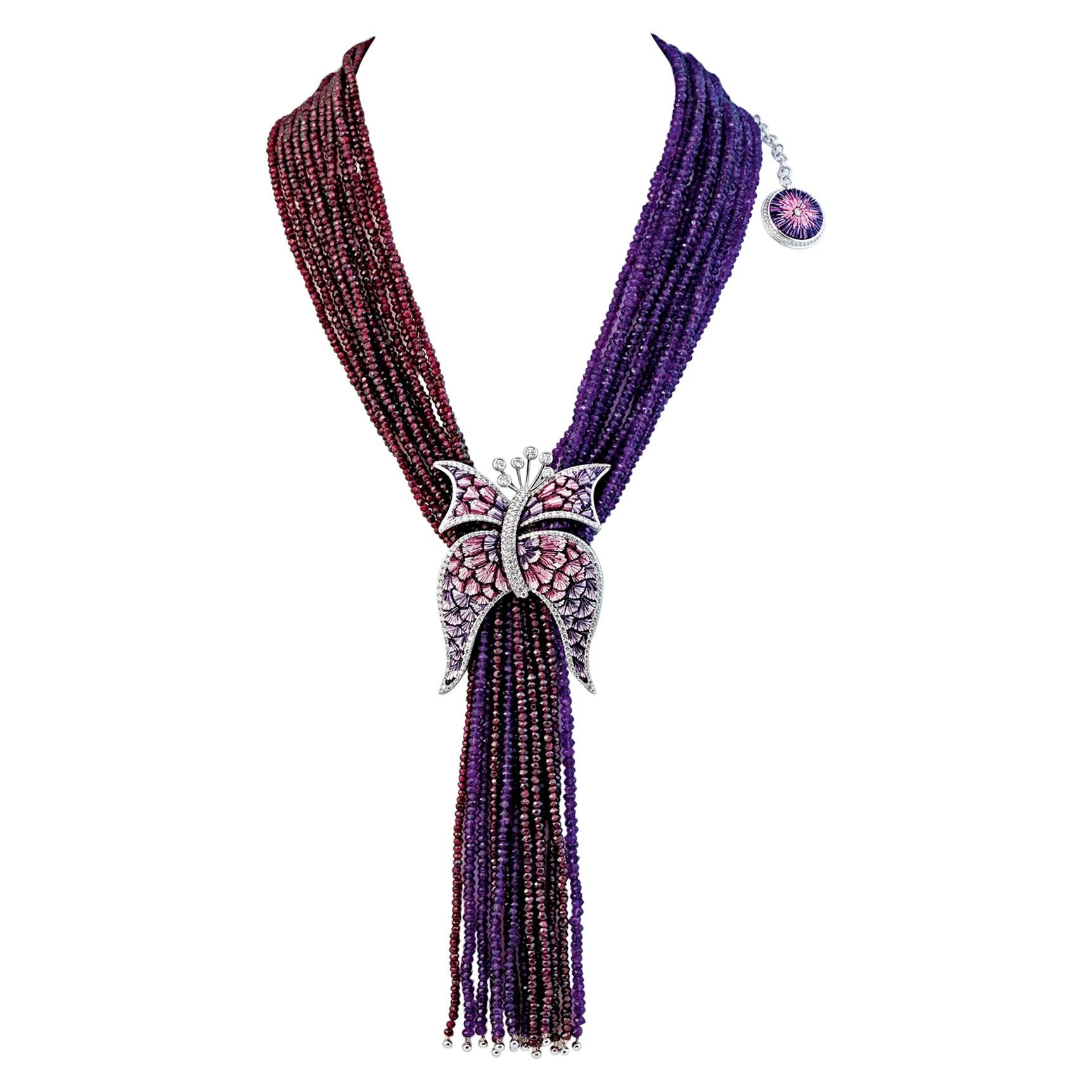 Necklace White Gold White Diamonds Amethyst Garnet Hand Decorated Micro Mosaic For Sale