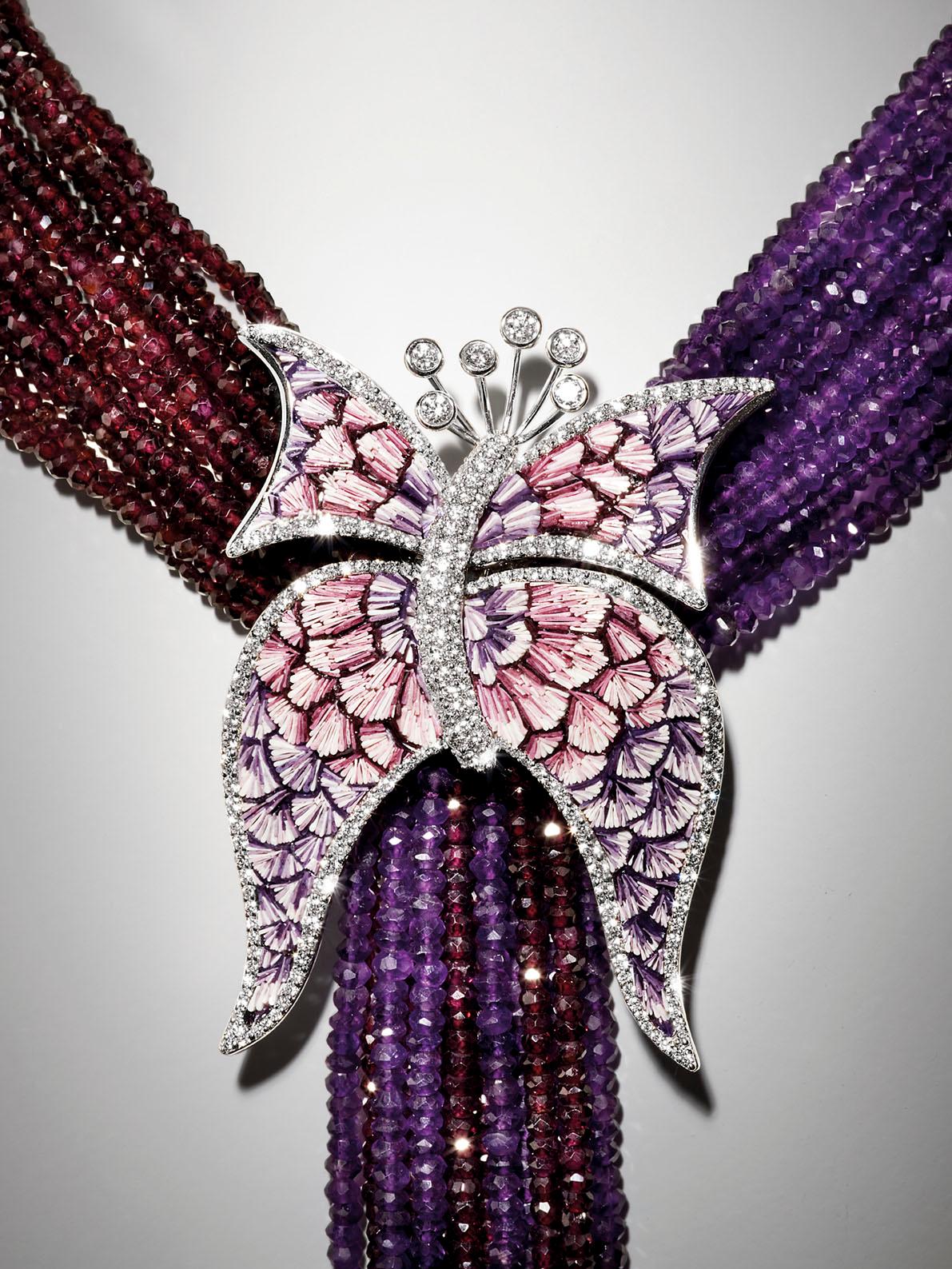Brilliant Cut Necklace White Gold White Diamonds Amethyst Garnet Hand Decorated Micro Mosaic For Sale