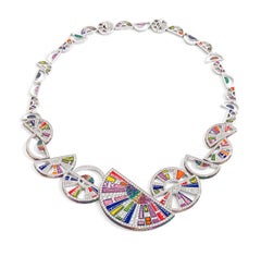 Necklace White Gold White Diamonds Emeralds Tsavorite Sapphires Micromosaic