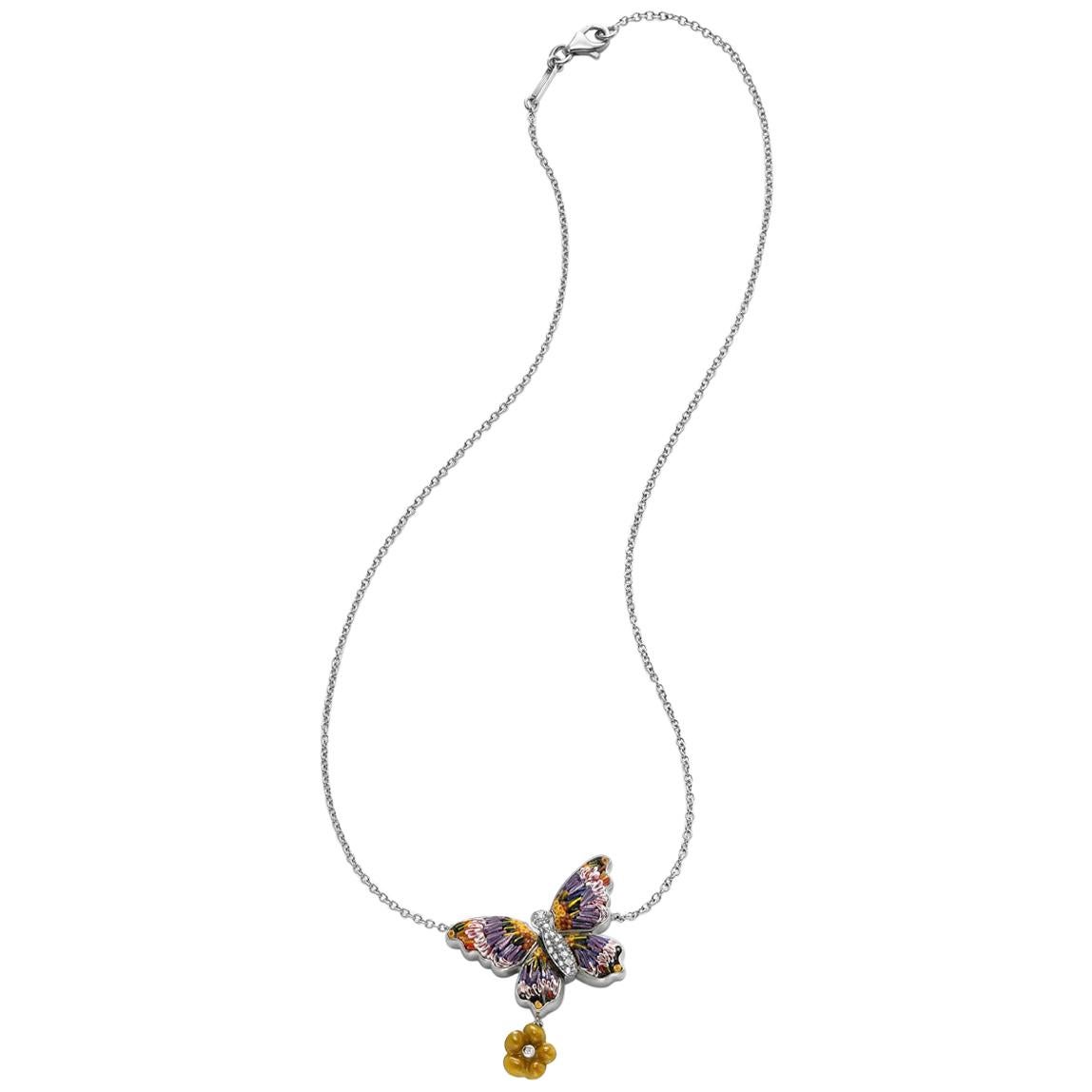 Halskette aus Weißgold mit weißen Diamanten und Emaille, von Hand verziert mit Mikro-Mosaik