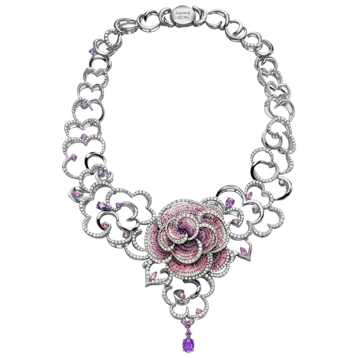 Necklace White Gold White Diamonds Sapphires Hand Decorated with Micro Mosaic