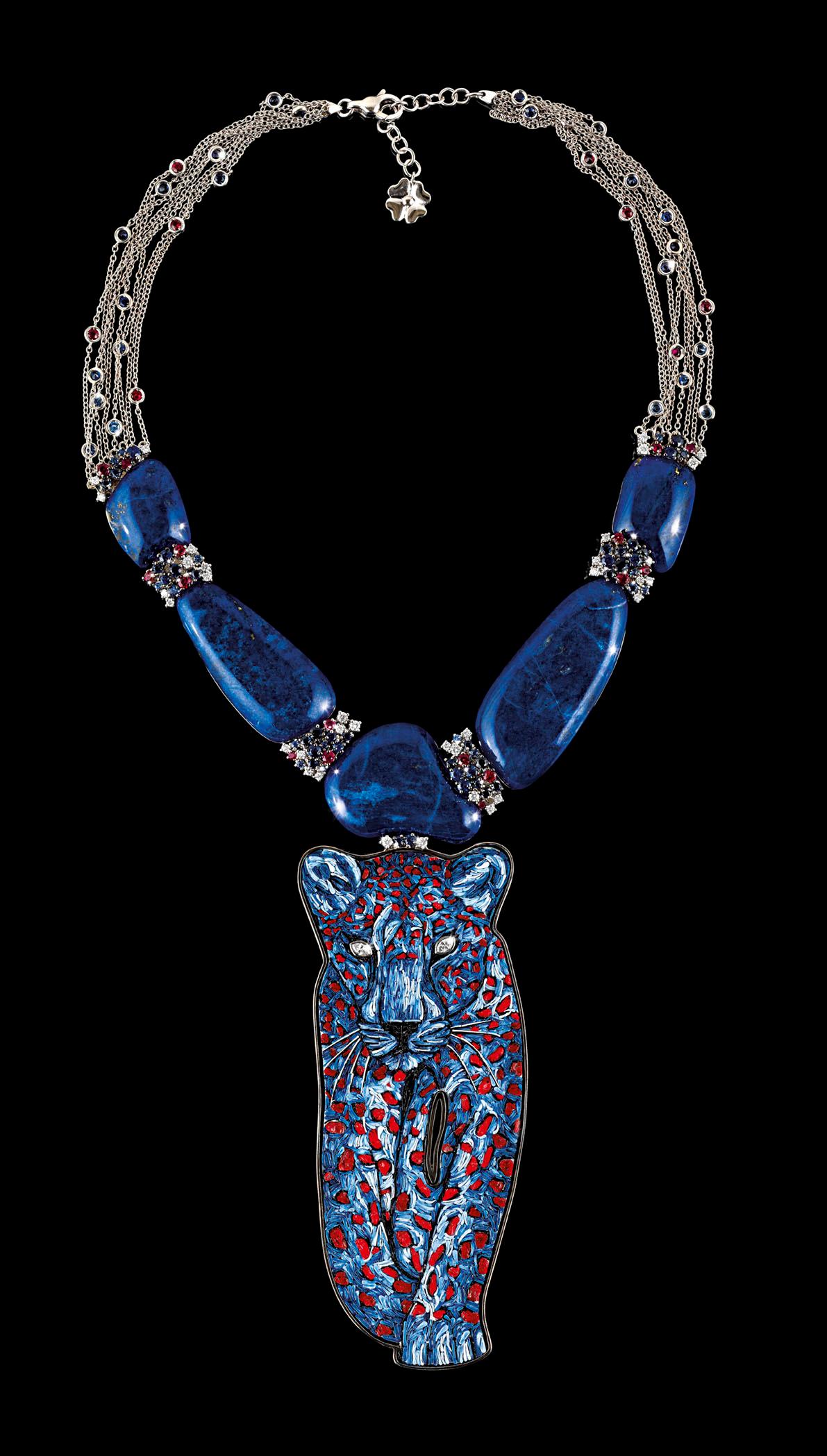 Modern Necklace White Gold White Diamonds Sapphires Ruby Handdecorated with Micromosaic For Sale