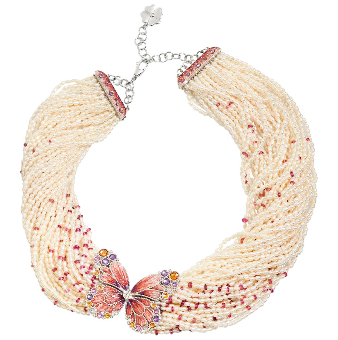 Necklace White Gold White Diamonds Sapphires Tourmaline Pearls Micromosaic