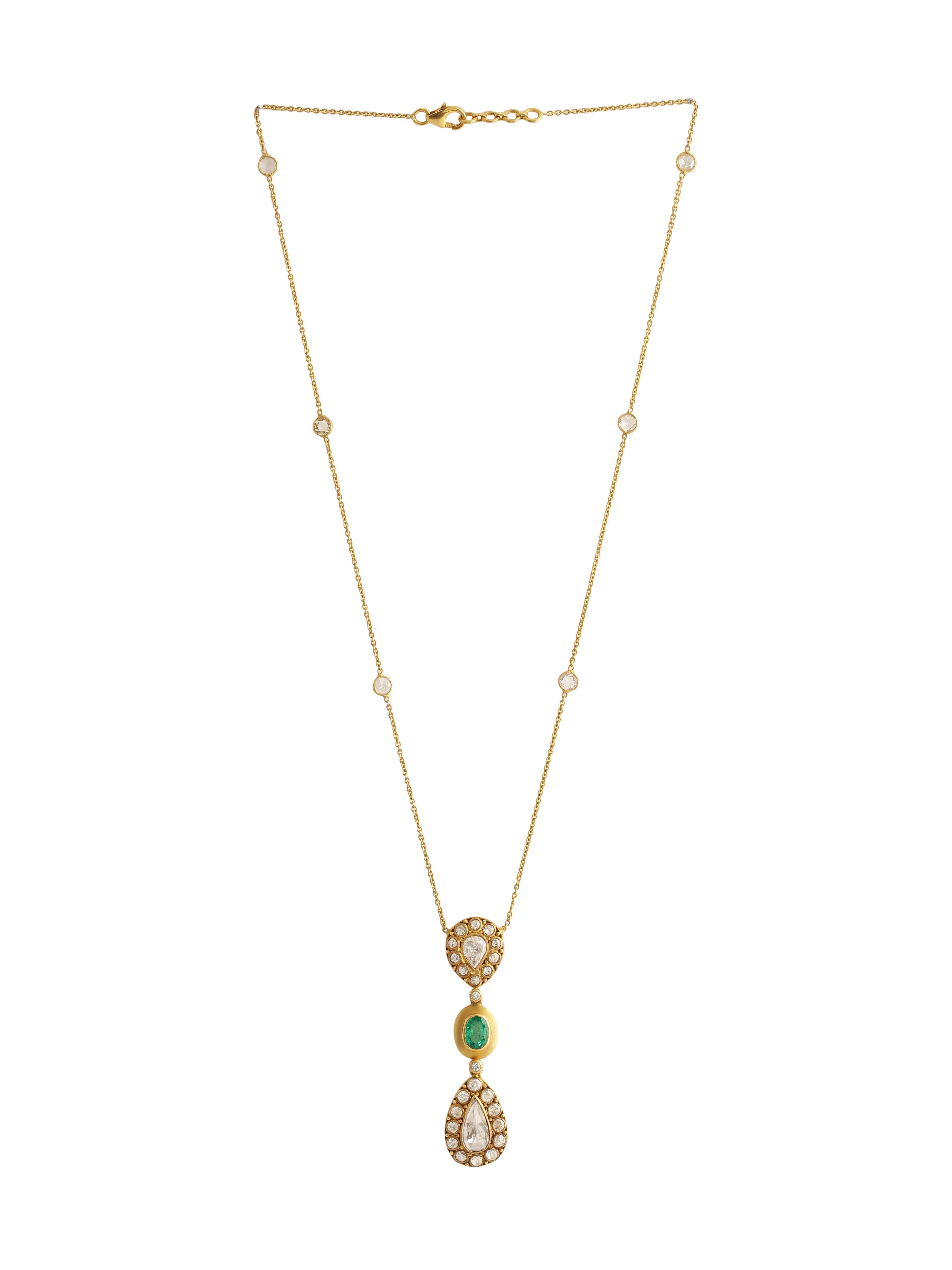 Art Deco Necklace with 2.28 Carats Diamonds and Emeralds Handcrafted in 18k Gold For Sale