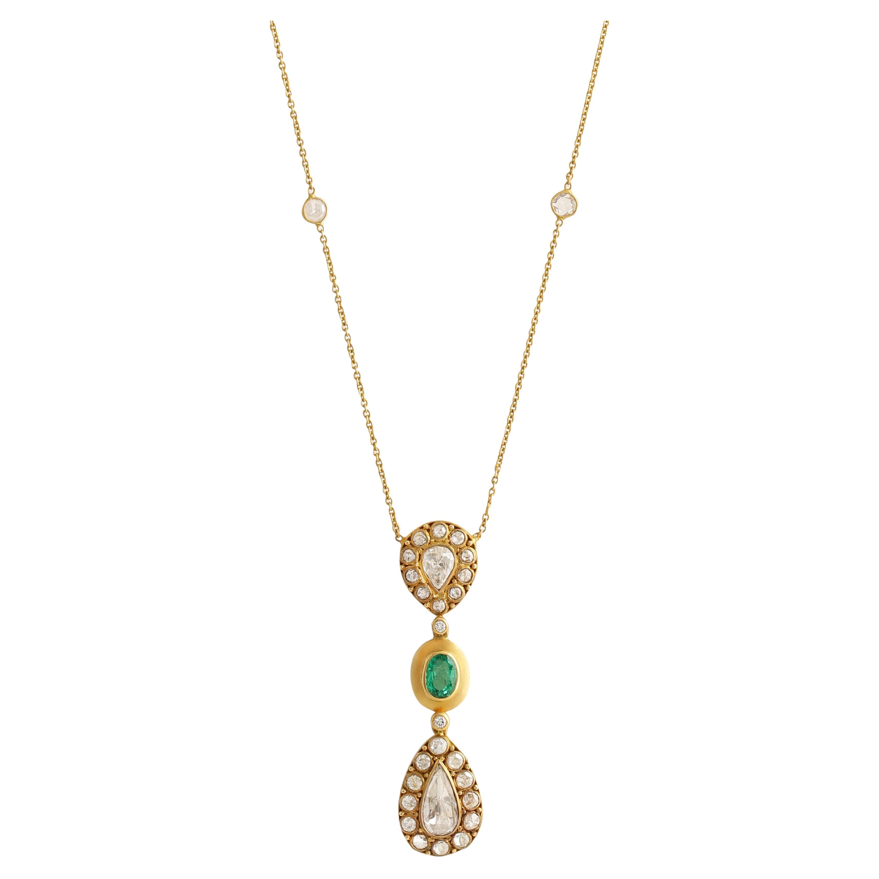 Necklace with 2.28 Carats Diamonds and Emeralds Handcrafted in 18k Gold