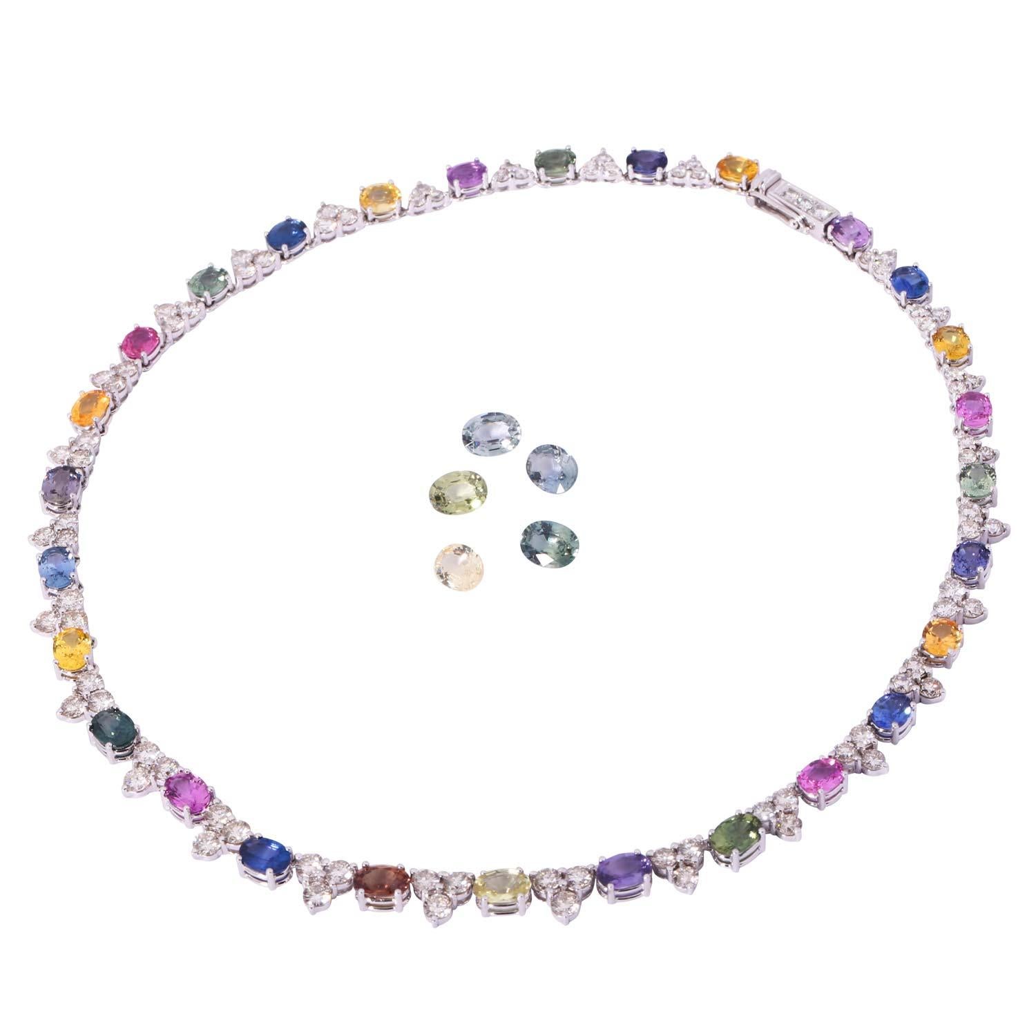 Modern Necklace with 28 Natural Colored Sapphires For Sale