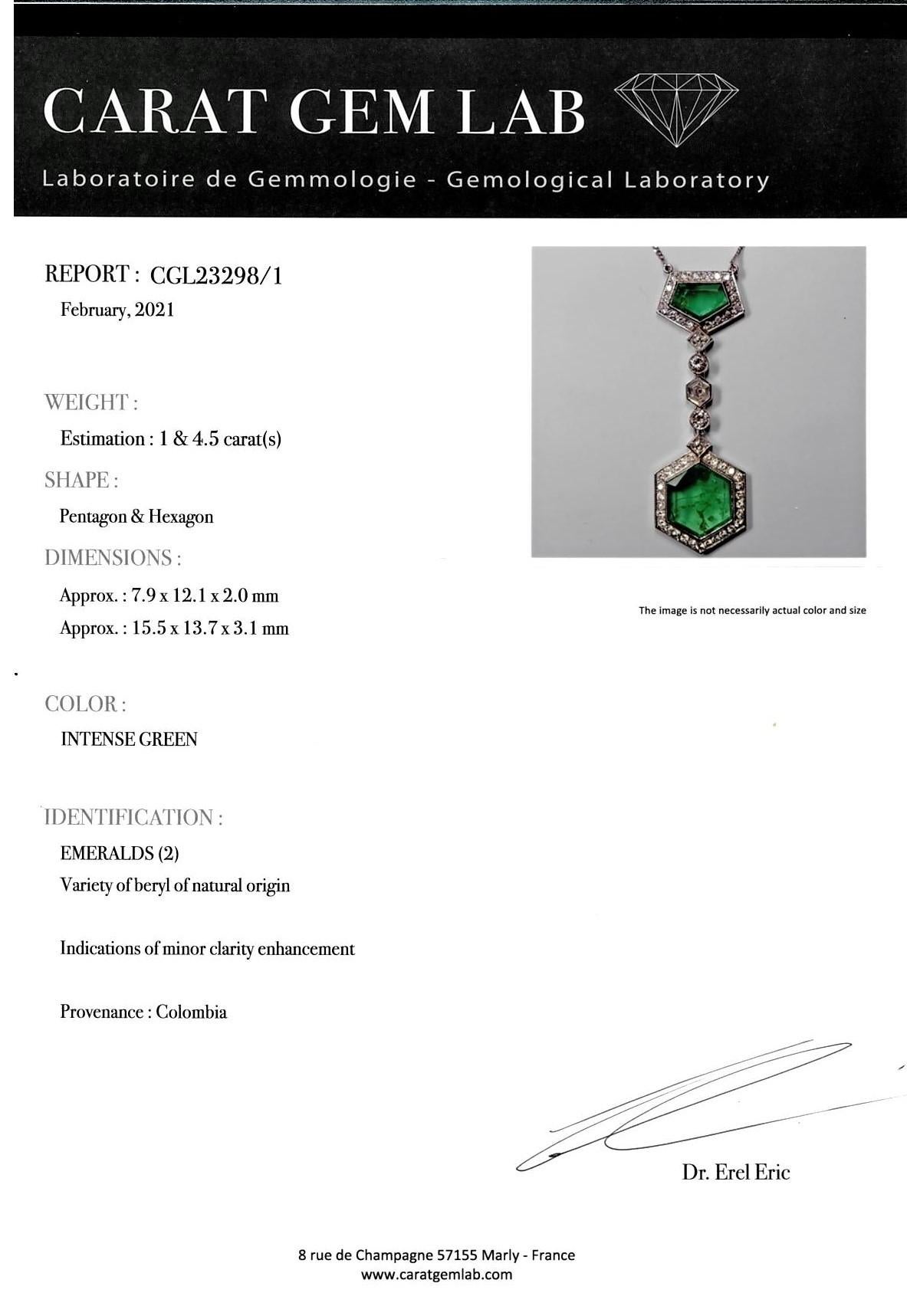 Necklace with 5.5 Carat Colombia Minor Emerald and Diamonds, CGL Certificate For Sale 5