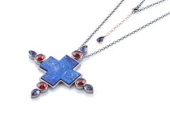Necklace with a Rare Lapis Lazuli Rough Blue Cross Silver and Gold Iolite Garnet