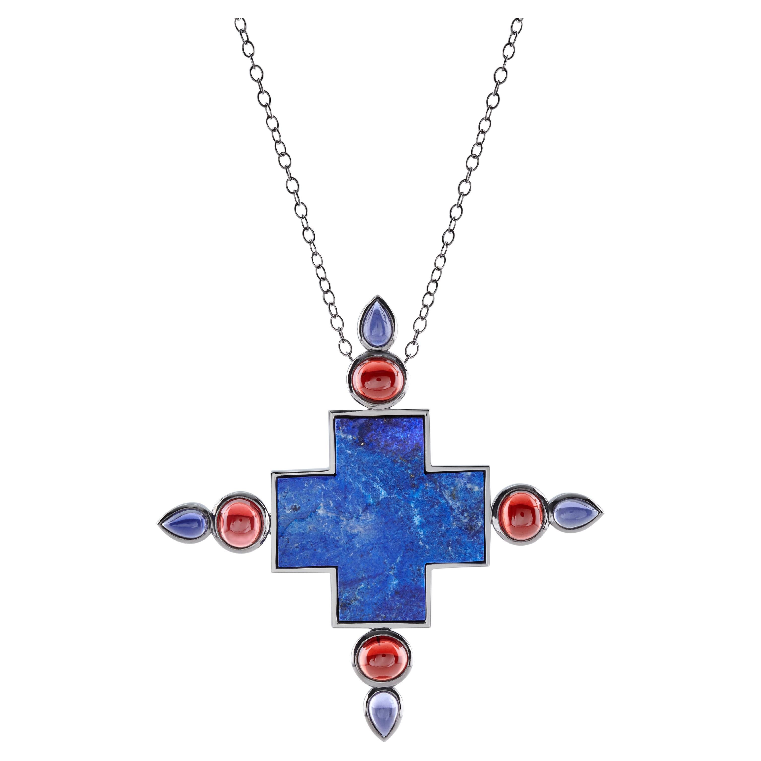 Necklace with a Rare Lapis Lazuli Rough Blue Cross Silver and Gold Iolite Garnet For Sale