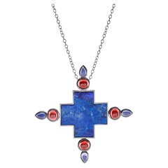 Necklace with a Rare Lapis Lazuli Rough Blue Cross Silver and Gold Iolite Garnet