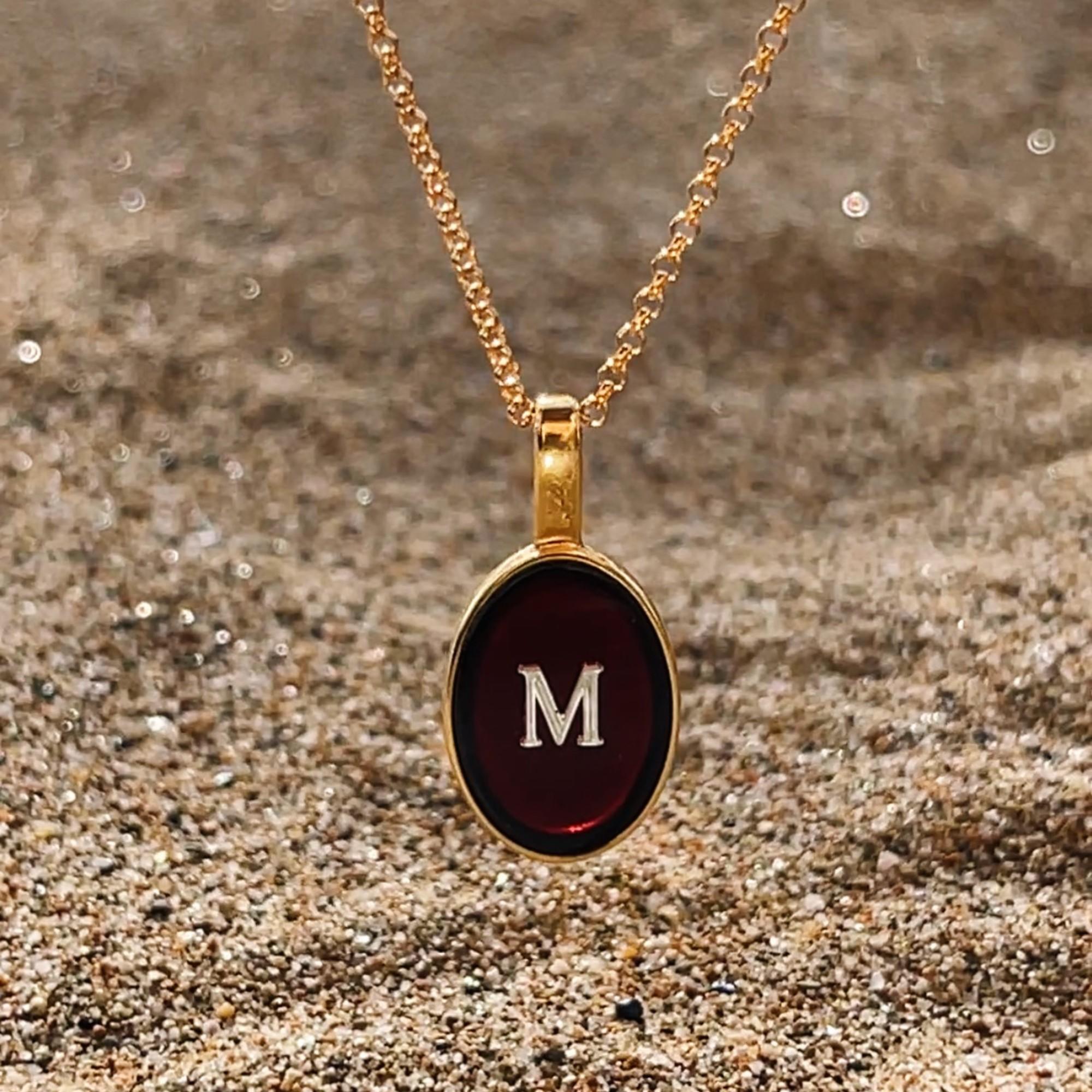 Oval Cut Necklace with amber pendant and name letter gold - B For Sale