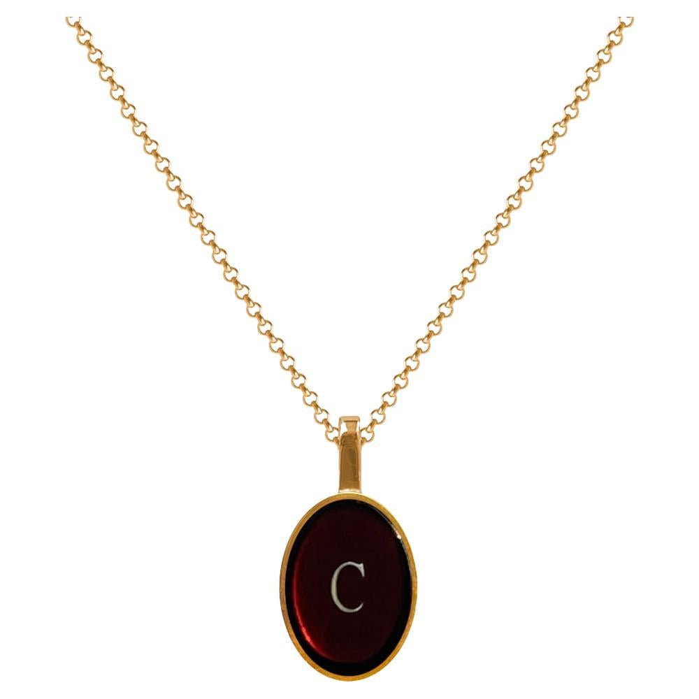 Necklace with amber pendant and name letter gold - C For Sale