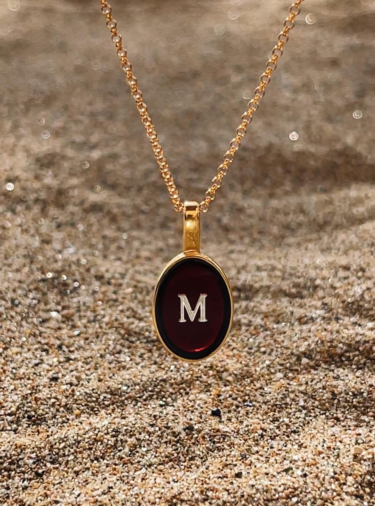 Oval Cut Necklace with amber pendant and name letter gold - G For Sale