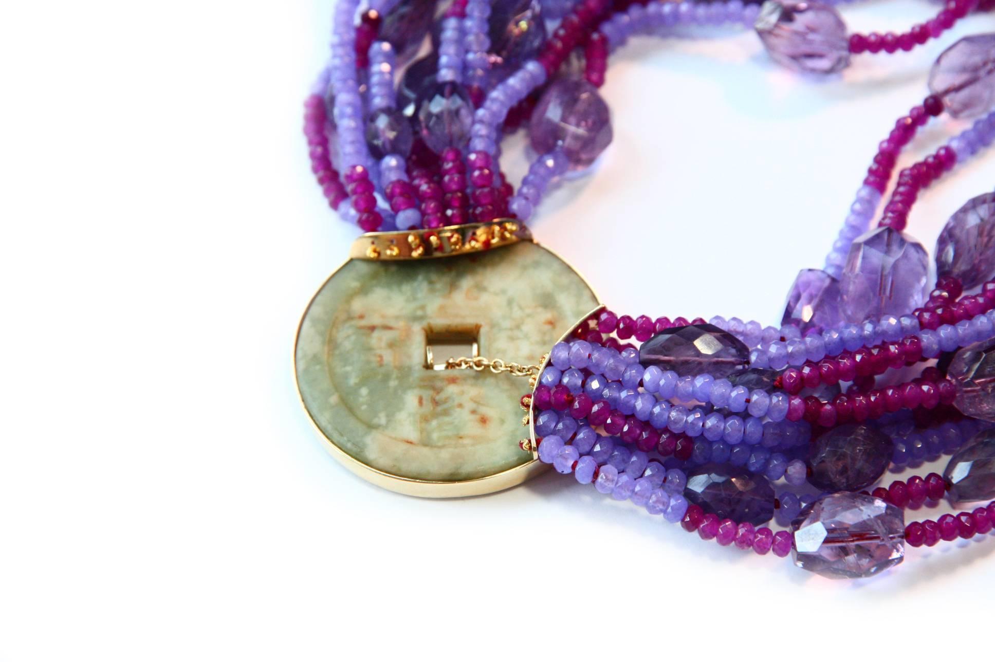 Artisan Necklace with Antiques Jade Amethyst Rubelite Lavender Jade 18 Karat Gold For Sale