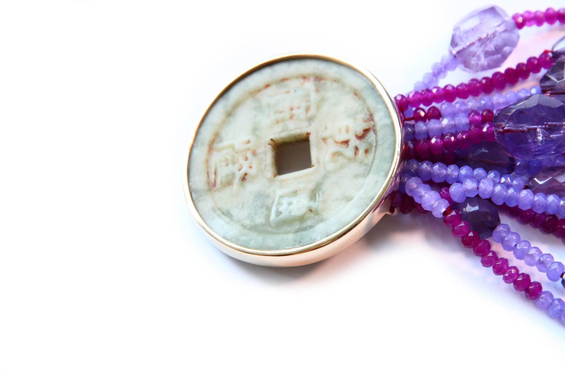 Women's or Men's Necklace with Antiques Jade Amethyst Rubelite Lavender Jade 18 Karat Gold For Sale